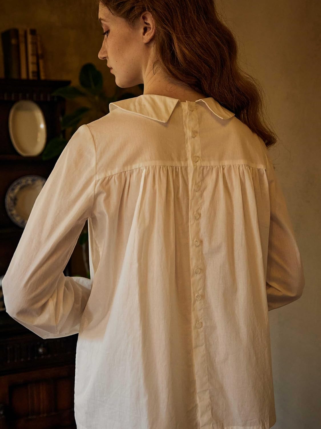 BEAUTELICATE Women Edwardian Shirt Petter Pan Collar Back Buttons Long Puff Sleeve Victorian Blouse - Image 2
