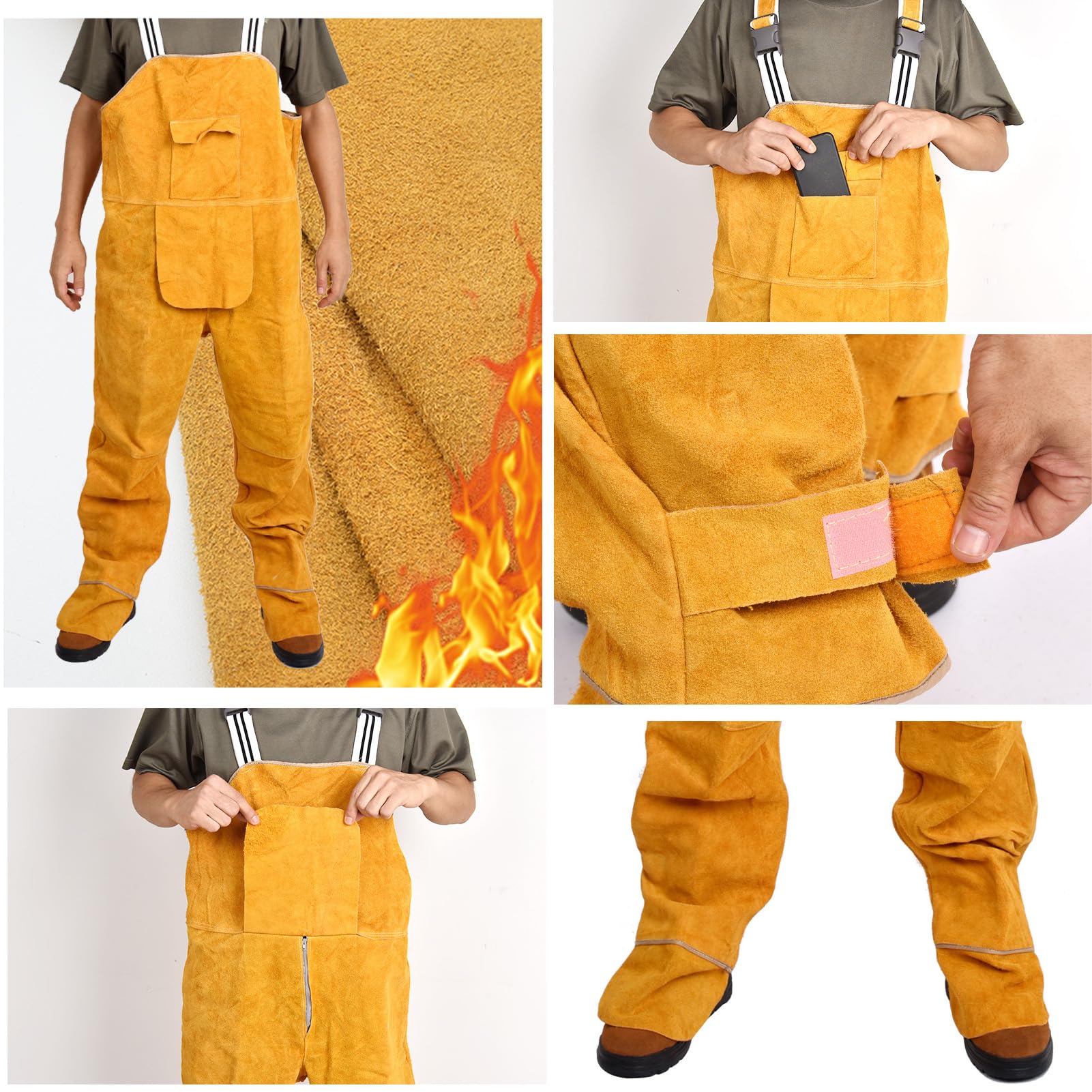 Delantal de Soldador de Cuero con Pierna Dividida, Resistente al Fuego, para Hombre, con Polainas de Cuero, de Piel de Vaca,Amarillo,XL