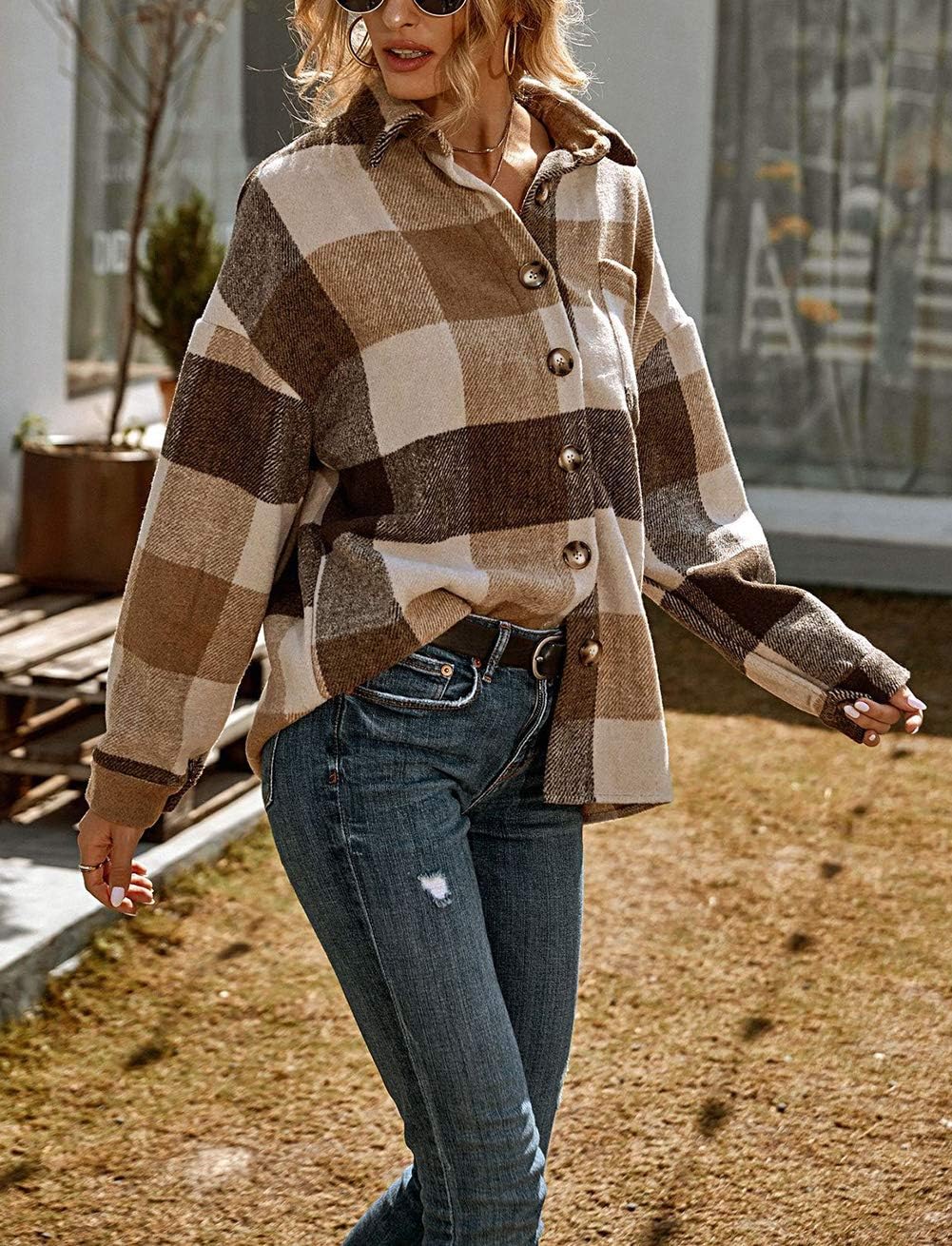 chouyatou Women's Oversized Casual Button Down Plaid Shirt Jacket Flannel Shacket - Image 3