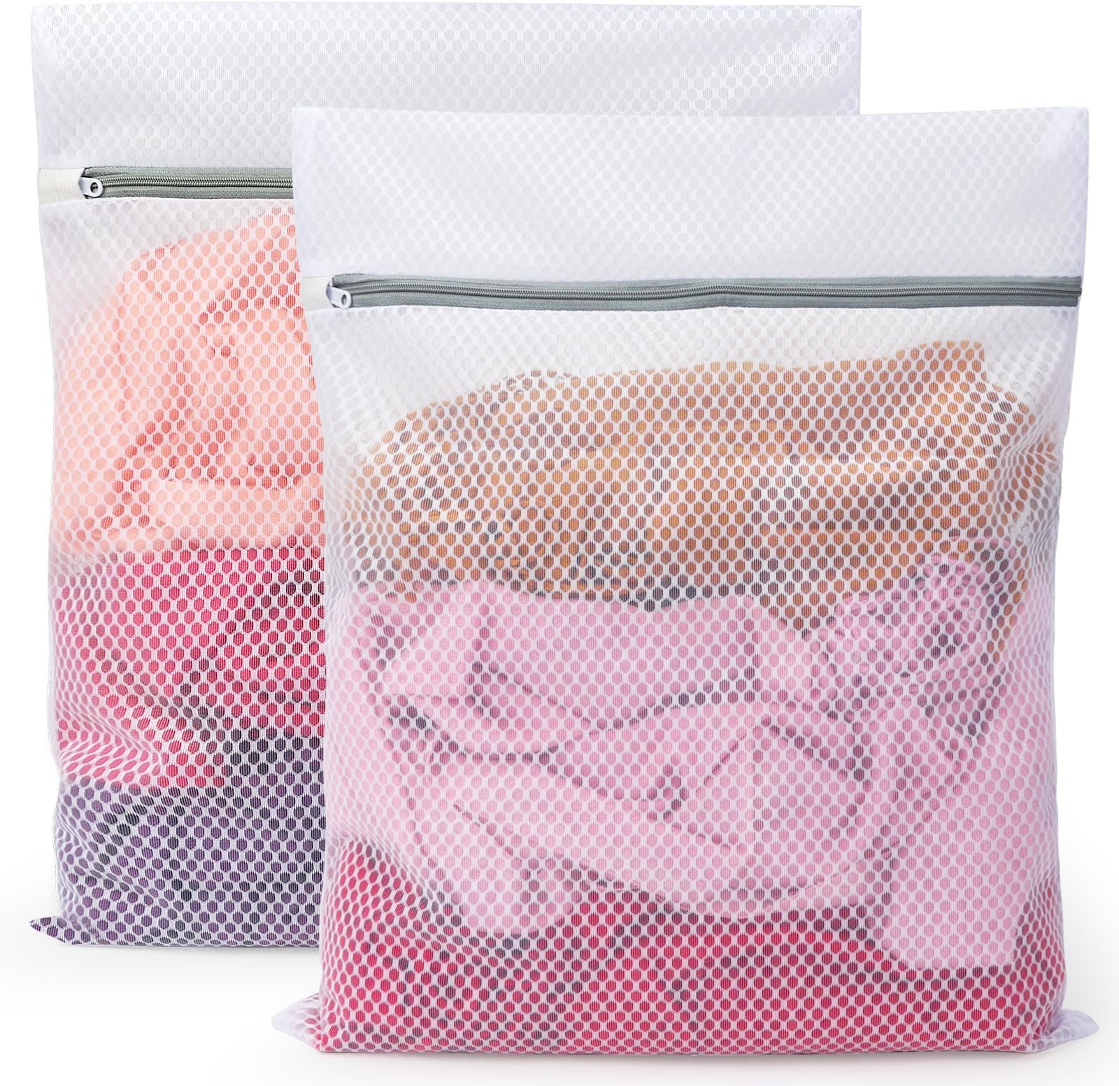 Vivifying Mesh Laundry Bag, 2 PCS Large Washing Machine Bag with Zip, 15 x 19 inch Coarse Net Washing Bag for Delicates,Clothes (White)