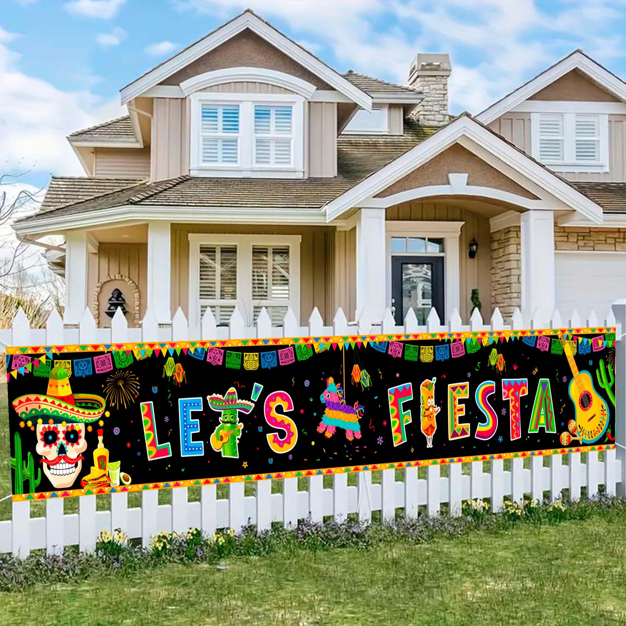 Mexican Fiesta Yard Banner, 118''x19.6''Mexican Birthday Party Yard Banner, Cinco de Mayo Fence Decorations, for Fiesta Party Decorations