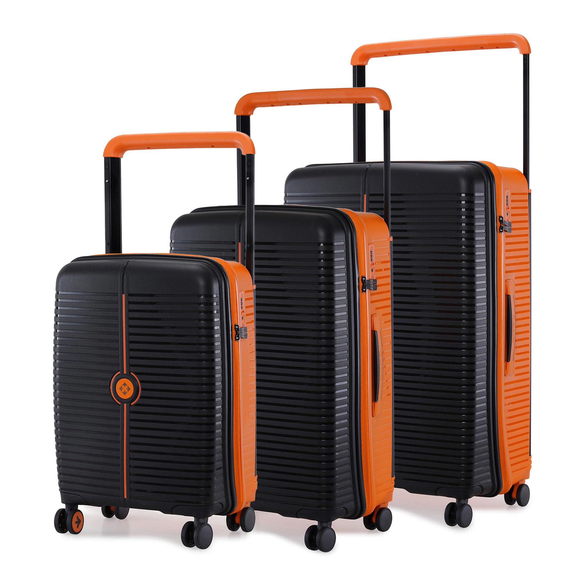 Dubai TSA Lock Hard-Sided Polypropylene Wide Telescopic Handle 8 Wheels Double Spinner Luggage Set of 3 Black Orange Trolley Bags (55, 65 & 75 cm),Small-Medium-Large
