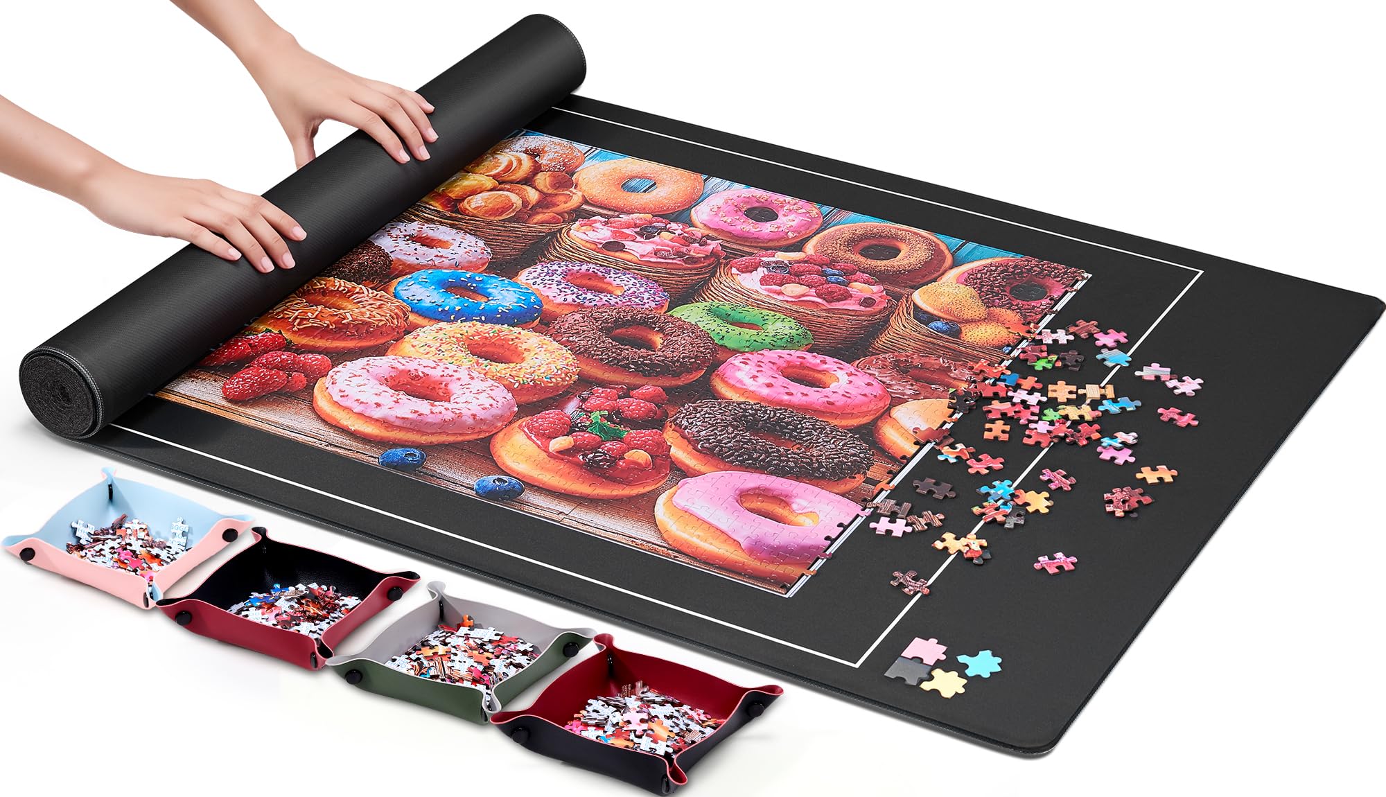 ZOYIDOUX Jigsaw Puzzle Mat Roll Up 1500 Pieces  Non-Slip Rubber Bottom & Smooth Top  With 6 Sorting Trays, Elastic Band, Travel Storage Bag Portable & Gift Box  46 x 26 Puzzle Saver
