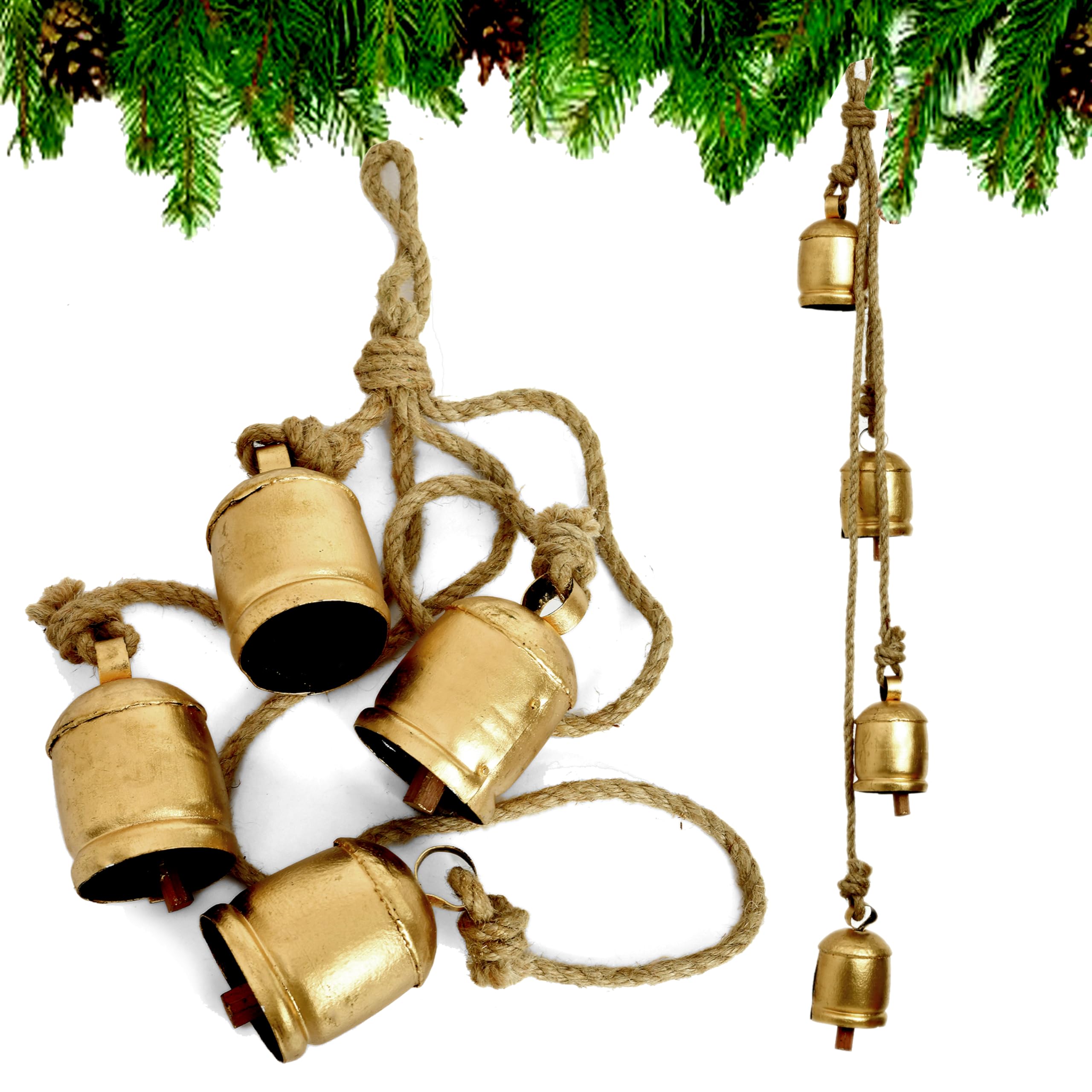 4 Pc Giant Harmony Cow Bells Rustic Handmade Decorative Vintage Hanging Bells with Jute Rope (Gold Rustic, Large)