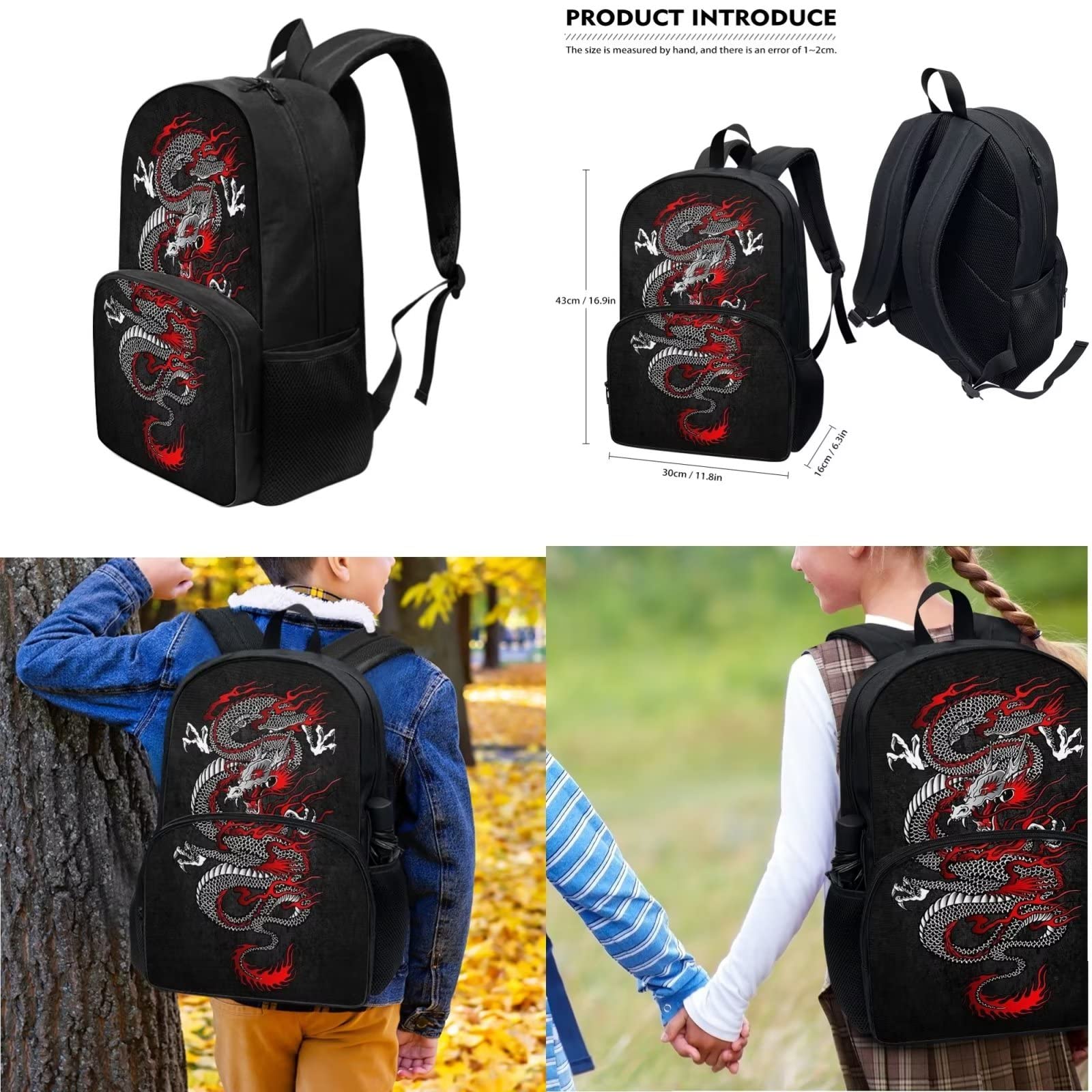 Dolyues Juego de bolsas escolares para niñas y niños, bolsa de libros de escuela primaria con bolsa de almuerzo y estuche para lápices, 3 piezas, dragón, Mochila infantil
