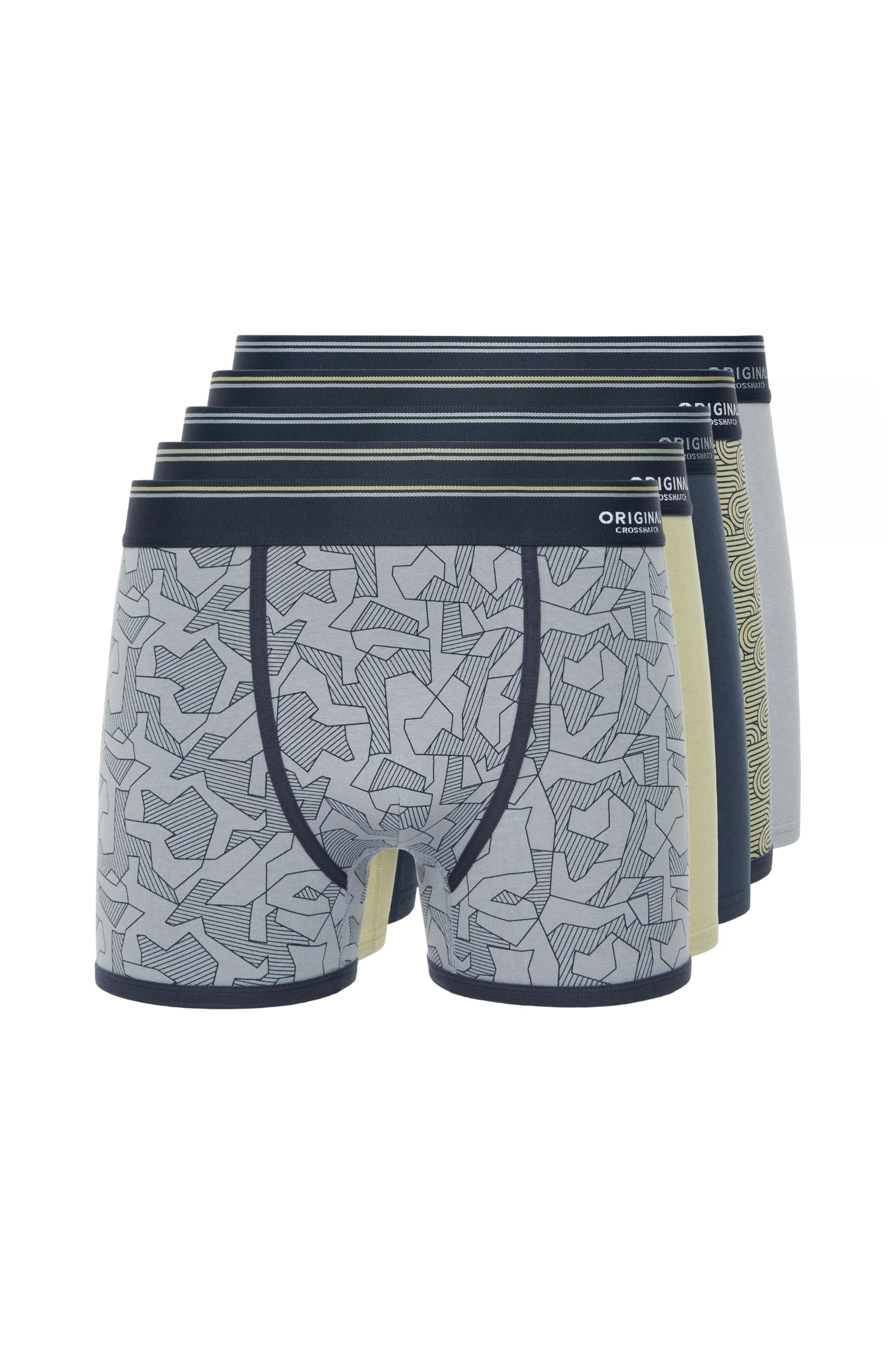 Crosshatch Men’s Spherigon Boxer Shorts (Pack of 5), Premium Stretch Cotton Underwear Multipack with Contrast Jacquard Waistband & Overlock Stitching, Plain & Patterned Designs,Multicolor-XXL