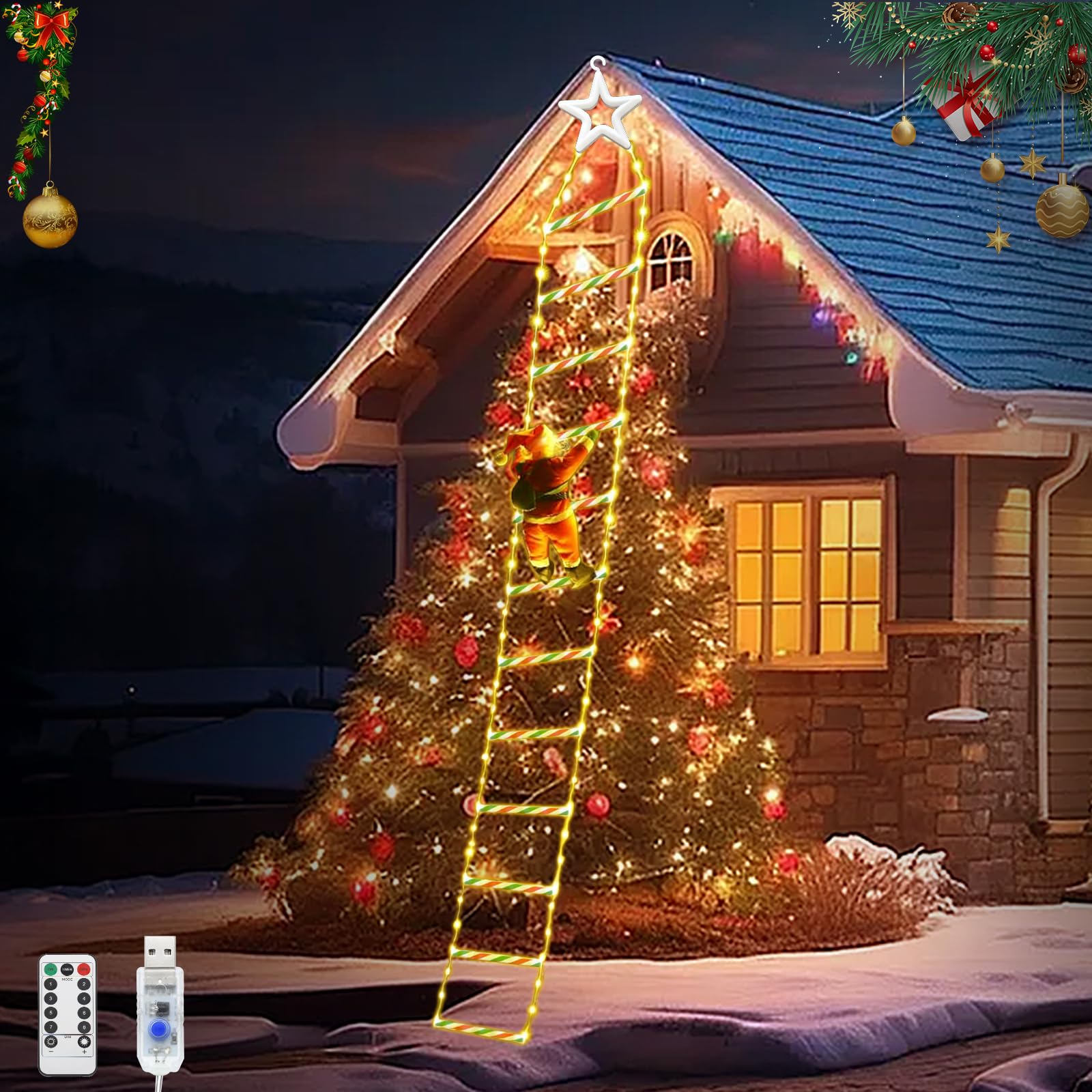 JIMACRO 3M/9.84FT Outdoor Climbing Santa, 240LEDs Christmas Outdoor Light Decor With 8 Modes, USB Christmas Ladder Light for Indoor Window Garden Home Wall