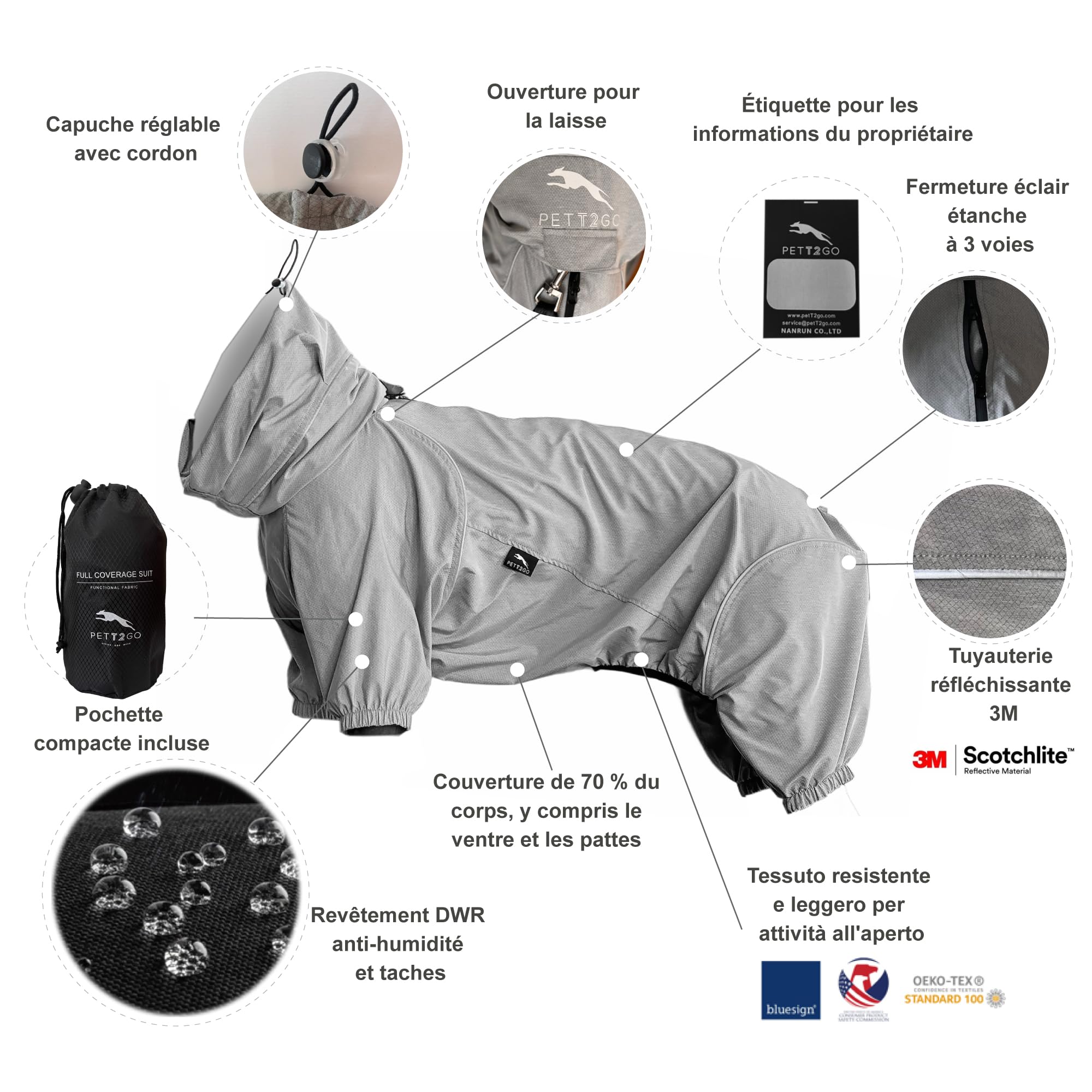 Coupe-Vent Léger pour Chien, Manteau avec Jambes, à Capuche, Trou pour Laisse, Réfléchissant, Compactable - Gris -XL (Mâle)