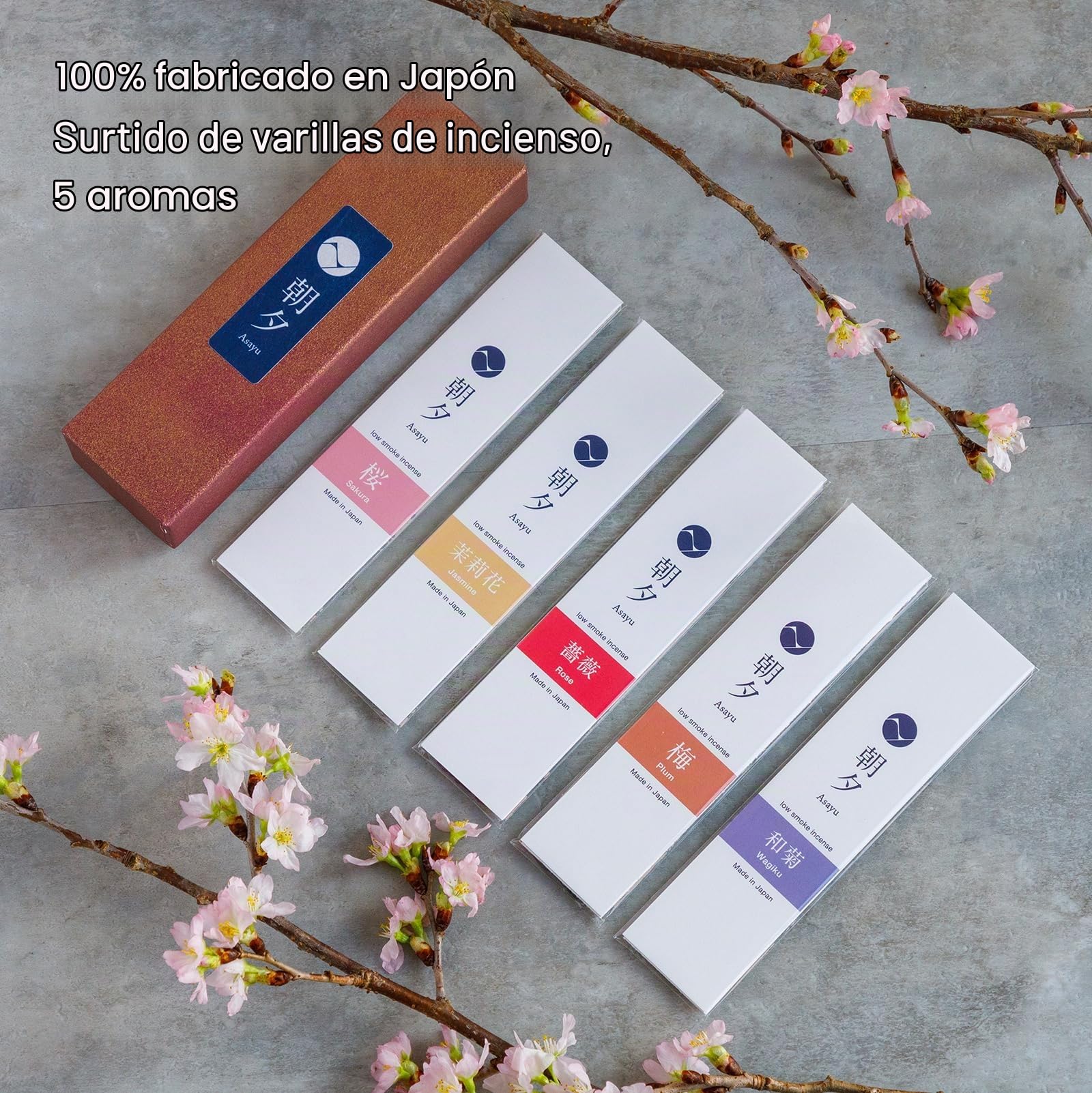 Asayu Japan Variedad de Varillas de Incienso Japonés Natural, Conjunto de 5 fragancias (Sakura, Jazmín, Rosa, Ciruelo y Wagiku) Hecho en Japón, Meditación Matutina y Nocturna