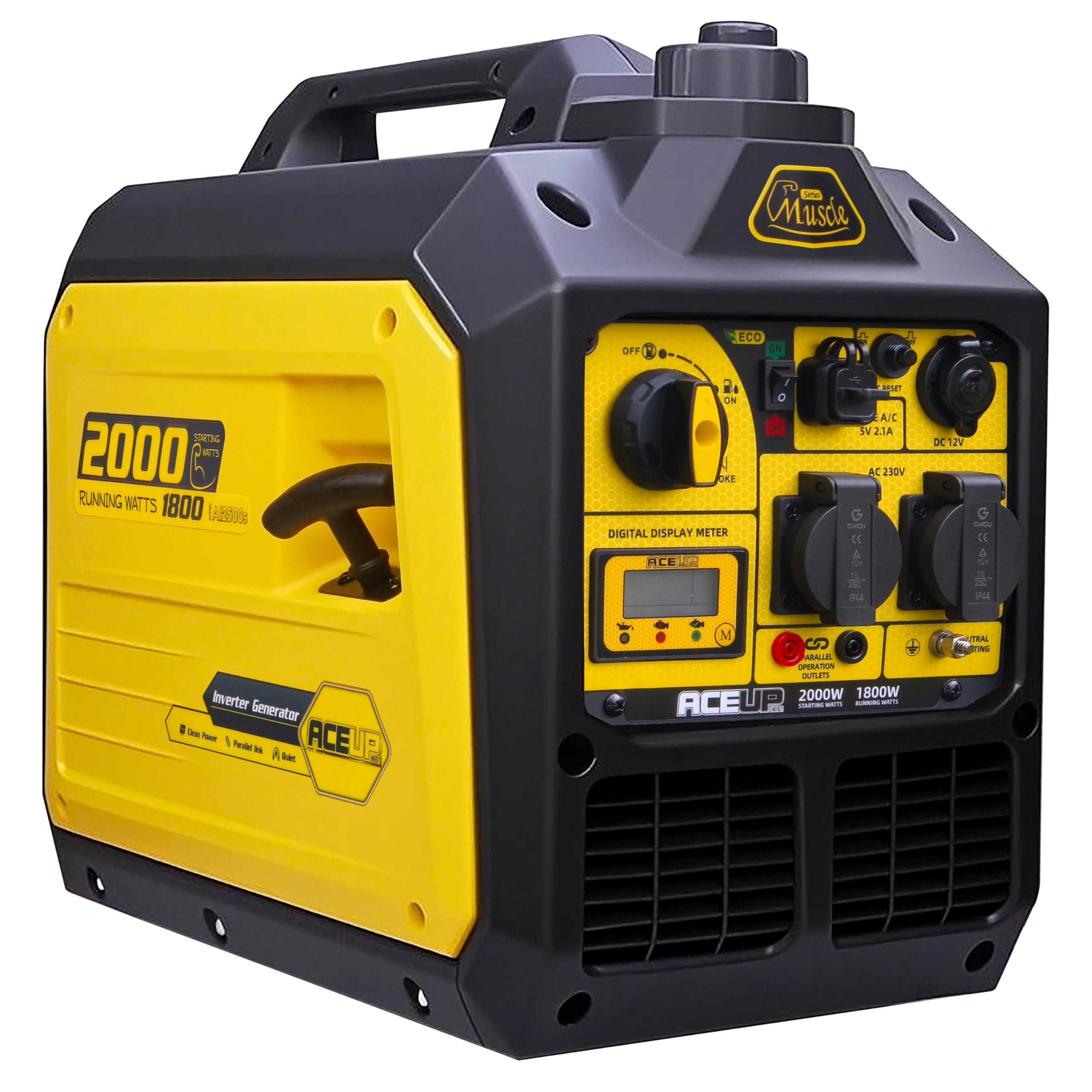 Aceup Energy - Grupo electrógeno de gasolina, 2000W generador de emergencia portátil silencioso con pantalla digital, modo ecológico, para acampar, exterior, uso doméstico, viajes en RV