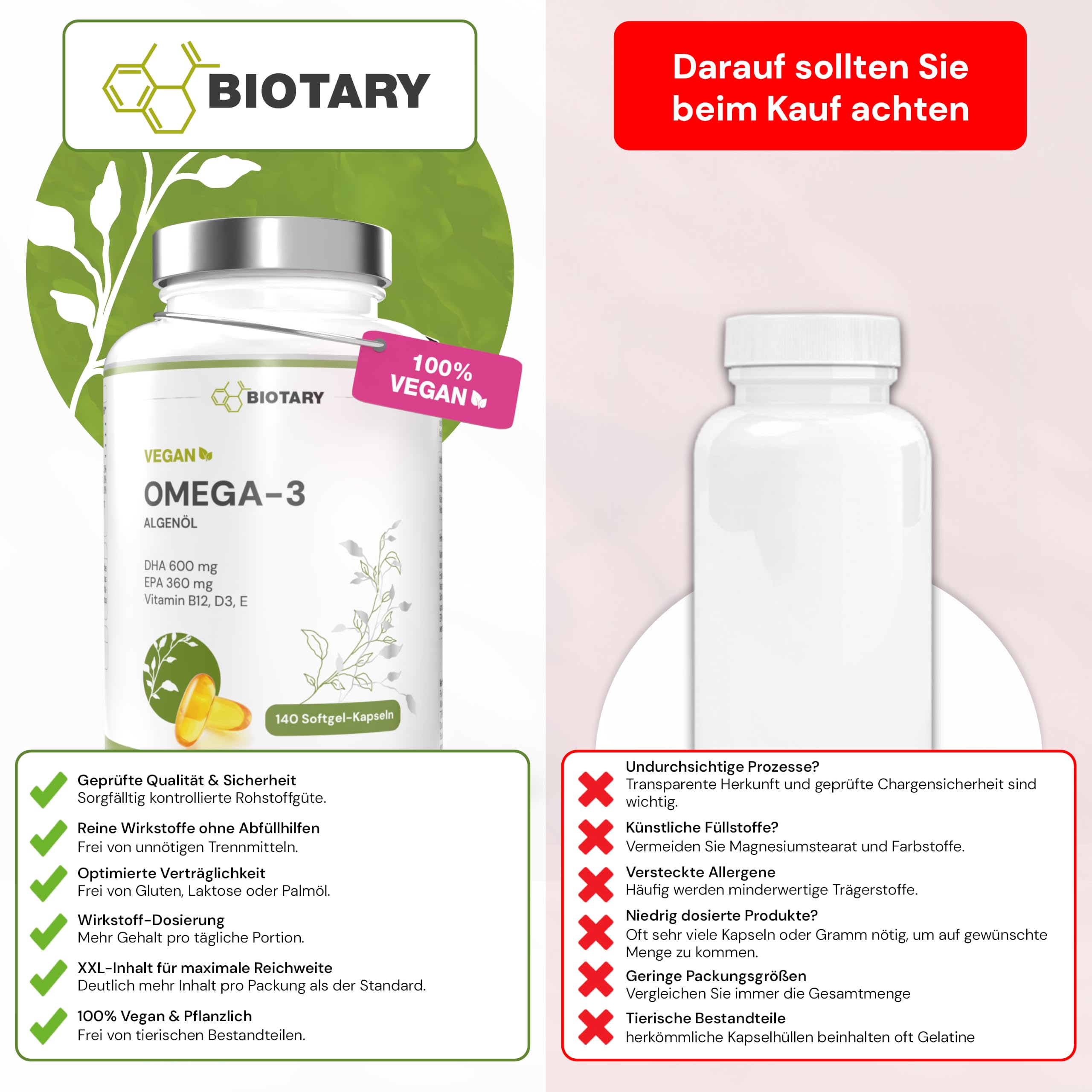 Omega 3 Algenöl 140 vegane Softgel Kapseln 2000 mg pro Tagesportion mit 600 mg DHA und 360 mg EPA plus Vitamin E D3 B12 inklusive Pillendose 70 Tage Vorrat geprüfte Qualität