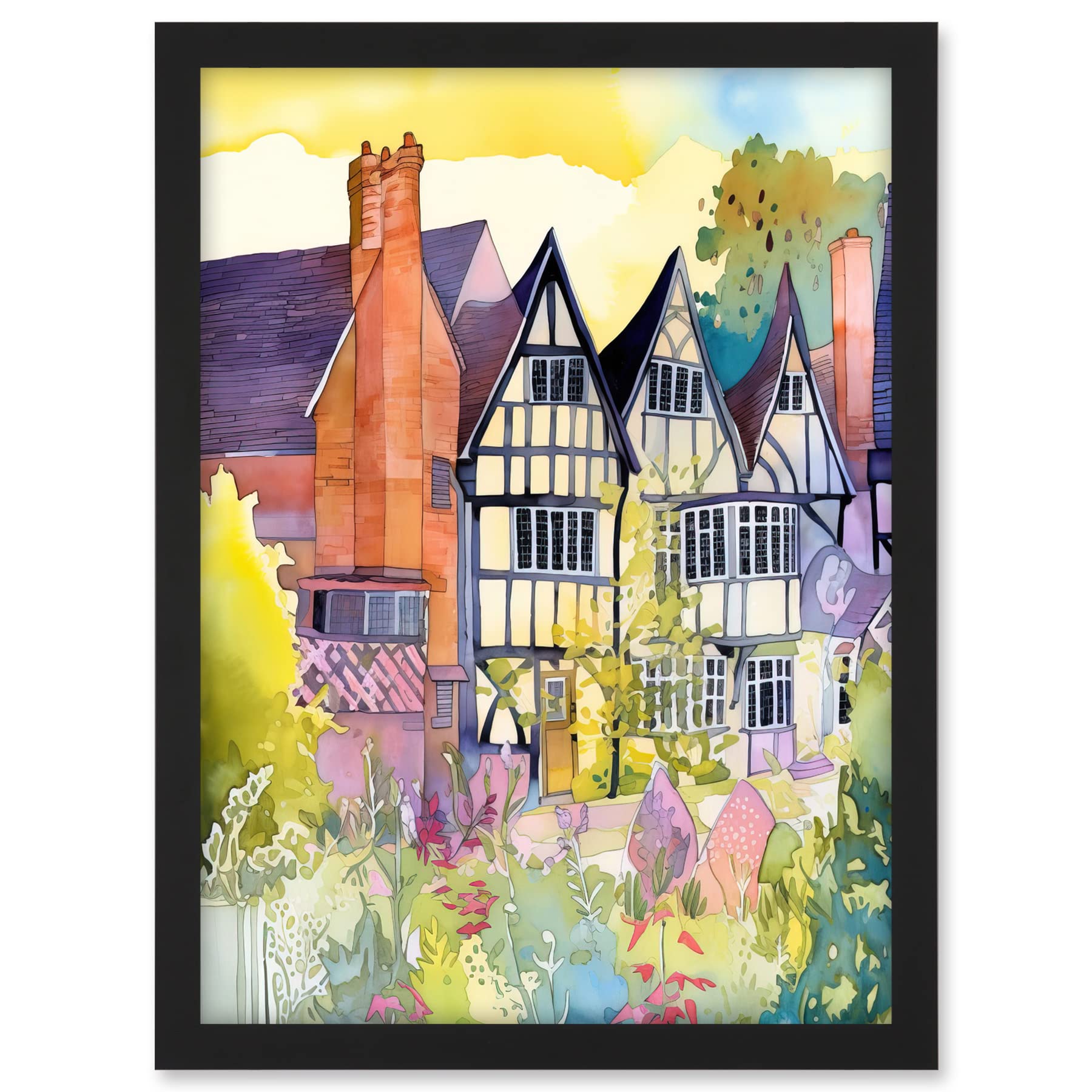 Artery8 Sunrise Over Tudor Houses and Spring Blossoms Modern Watercolour Painting Artwork Framed A3 Wall Art Print