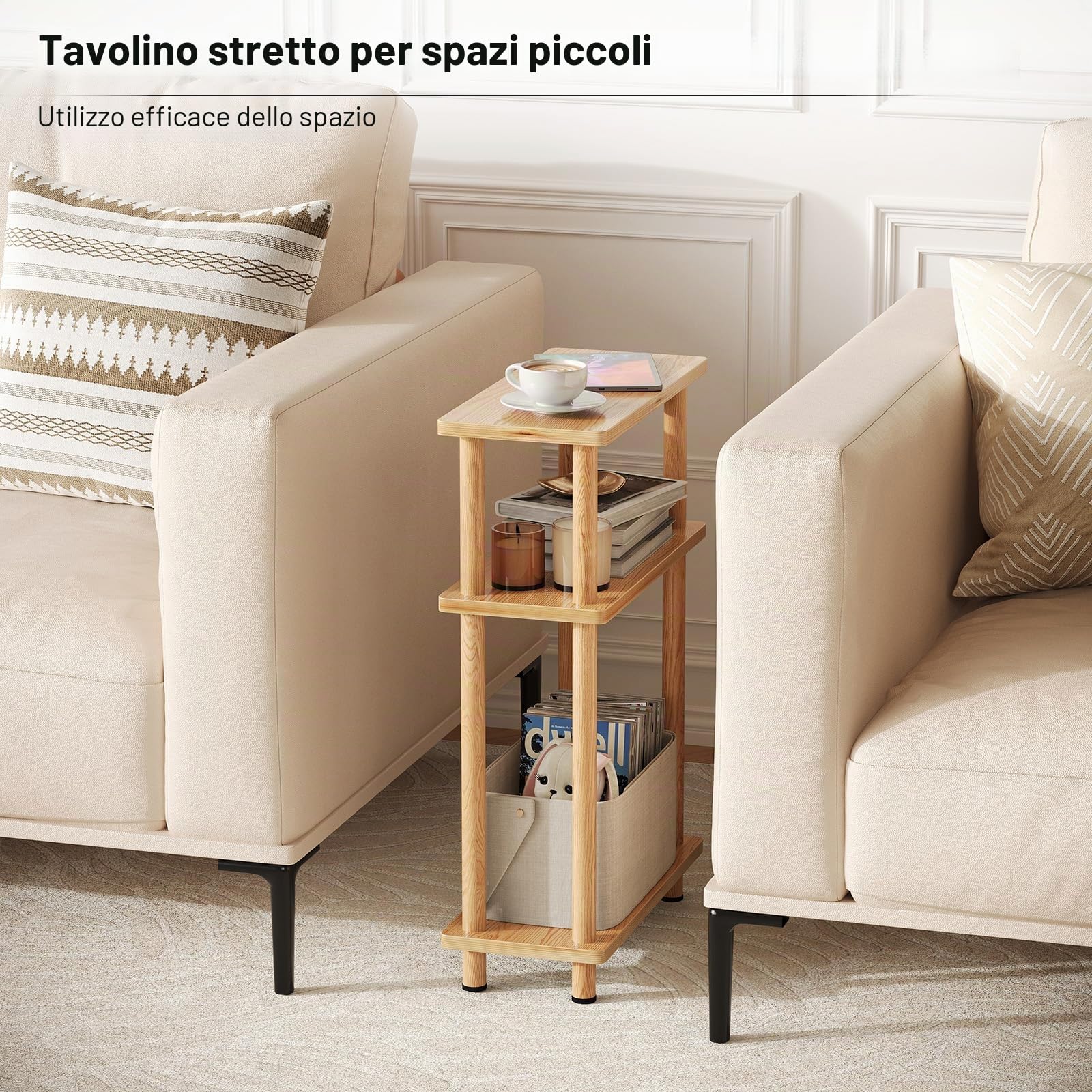 YOUDENOVA 3 Tier Tavolino Laterale Stretto, Tavolino da Divano Laterale, 40x18x61.5CM, Tavolino da Caffè Moderno Piccolo, Tavolino Piccolo Adatto per Soggiorno, Camera da Letto, Naturale