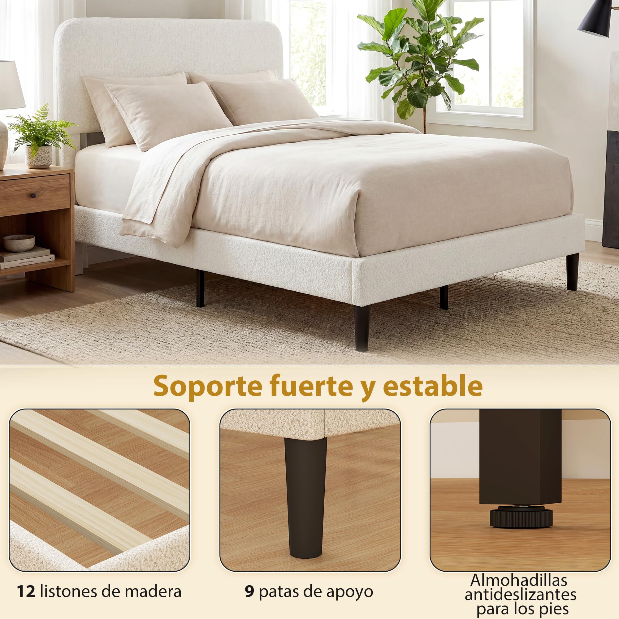 HOMCOM Cama Doble Tapizada en Borreguito, 135x190 cm, Cama Matrimonio con Cabecero Ajustable en Altura, Listones de Madera, Blanco