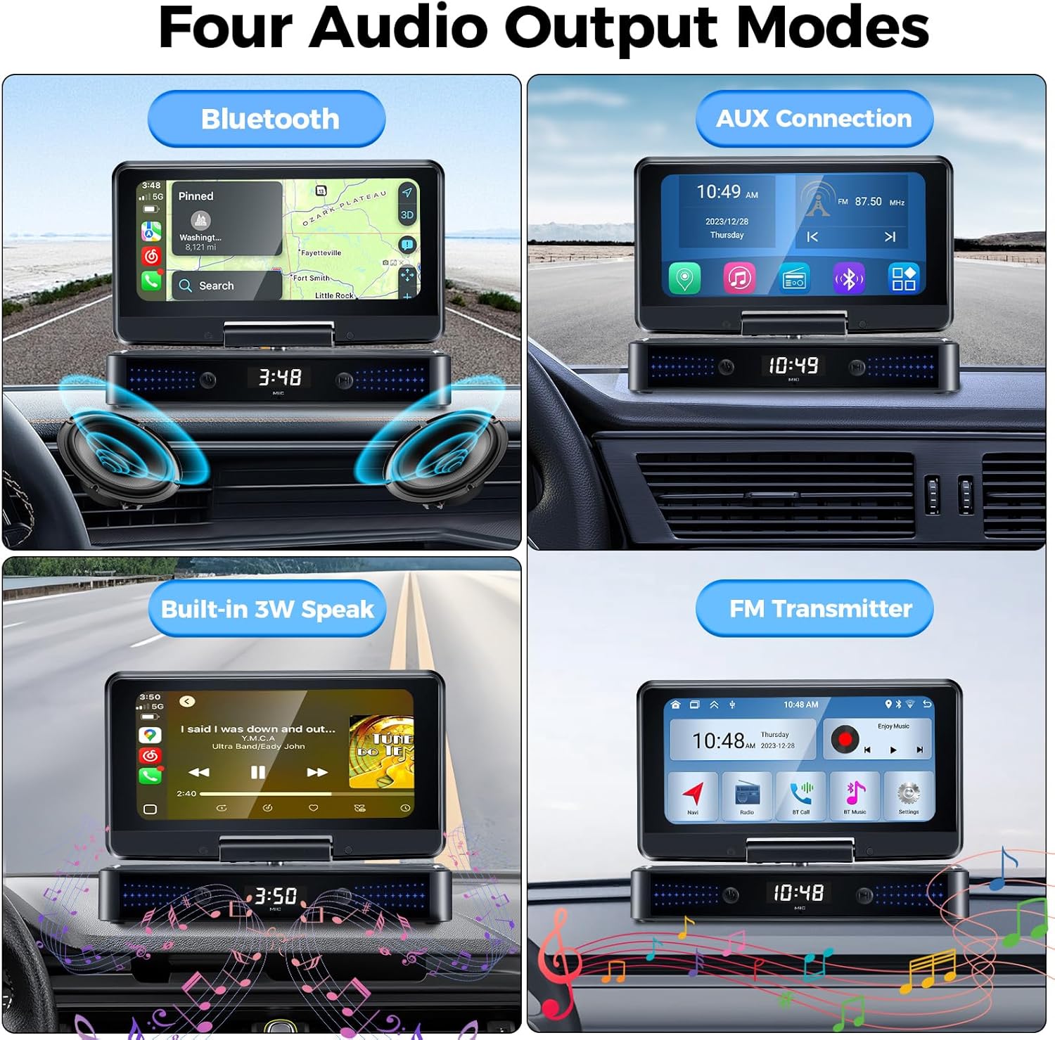 Four audio output modes: Bluetooth, AUX, Built-in Speaker, FM Transmitter