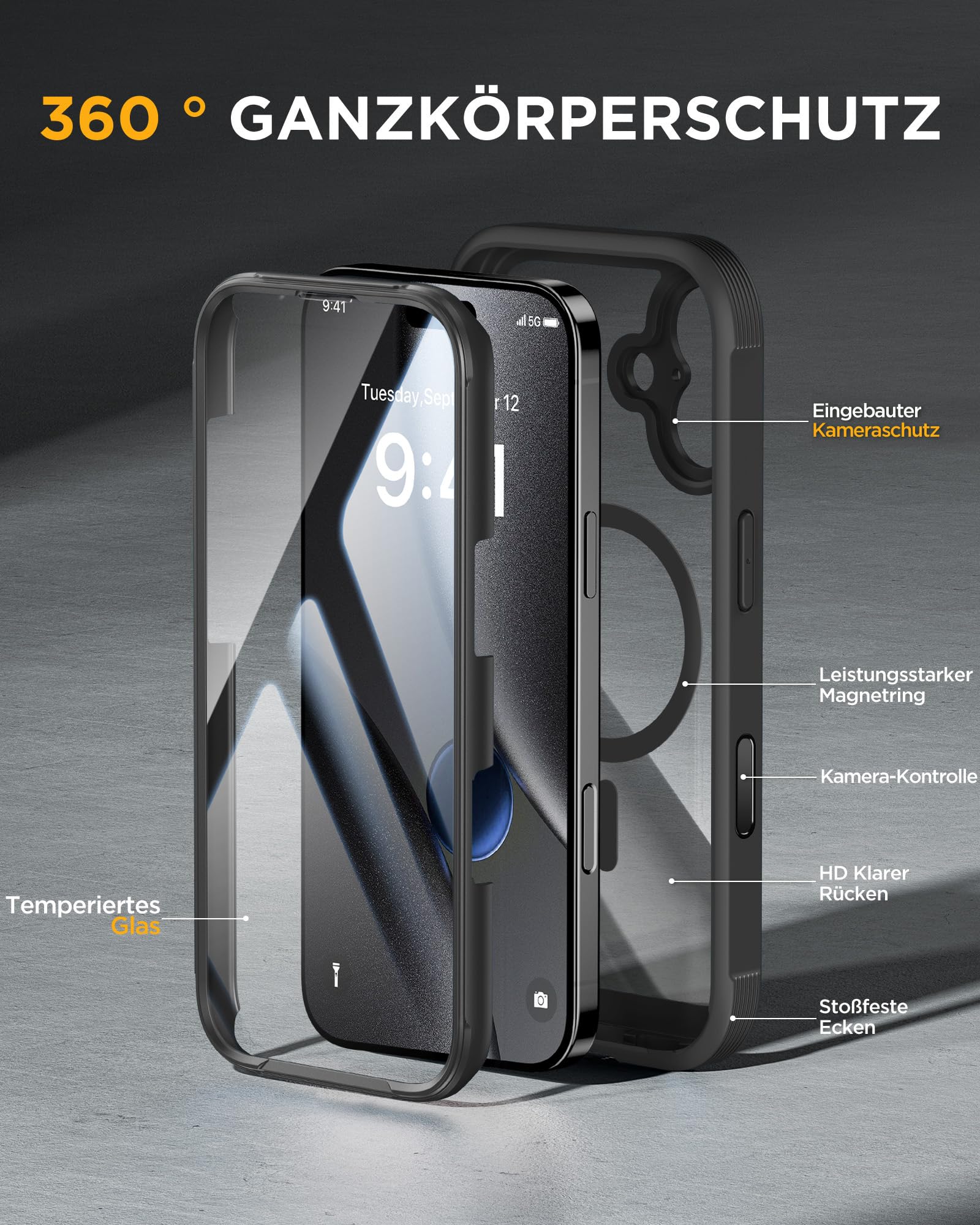 Miracase für iPhone 17 Hülle mit 360 Grad Komplettschutz,Magsafe,Eingebaut Glas Schutzfolie,Arbeit,Outdoor HandyHülle Magnetisch Stoßfest Case für iPhone 17 Schutzhüllen 6,3 Zoll,Schwarz