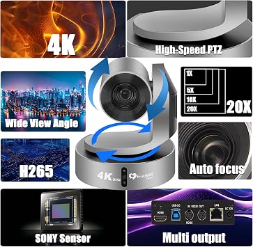 4K HDMI PTZ Camera,Optical 20X Zoom Conference Room Camera,Auto Focus and auto Tracking,with IP/USB3.0/HDMI/RS232/RS485 for Live Streaming Video Conference and Church Education