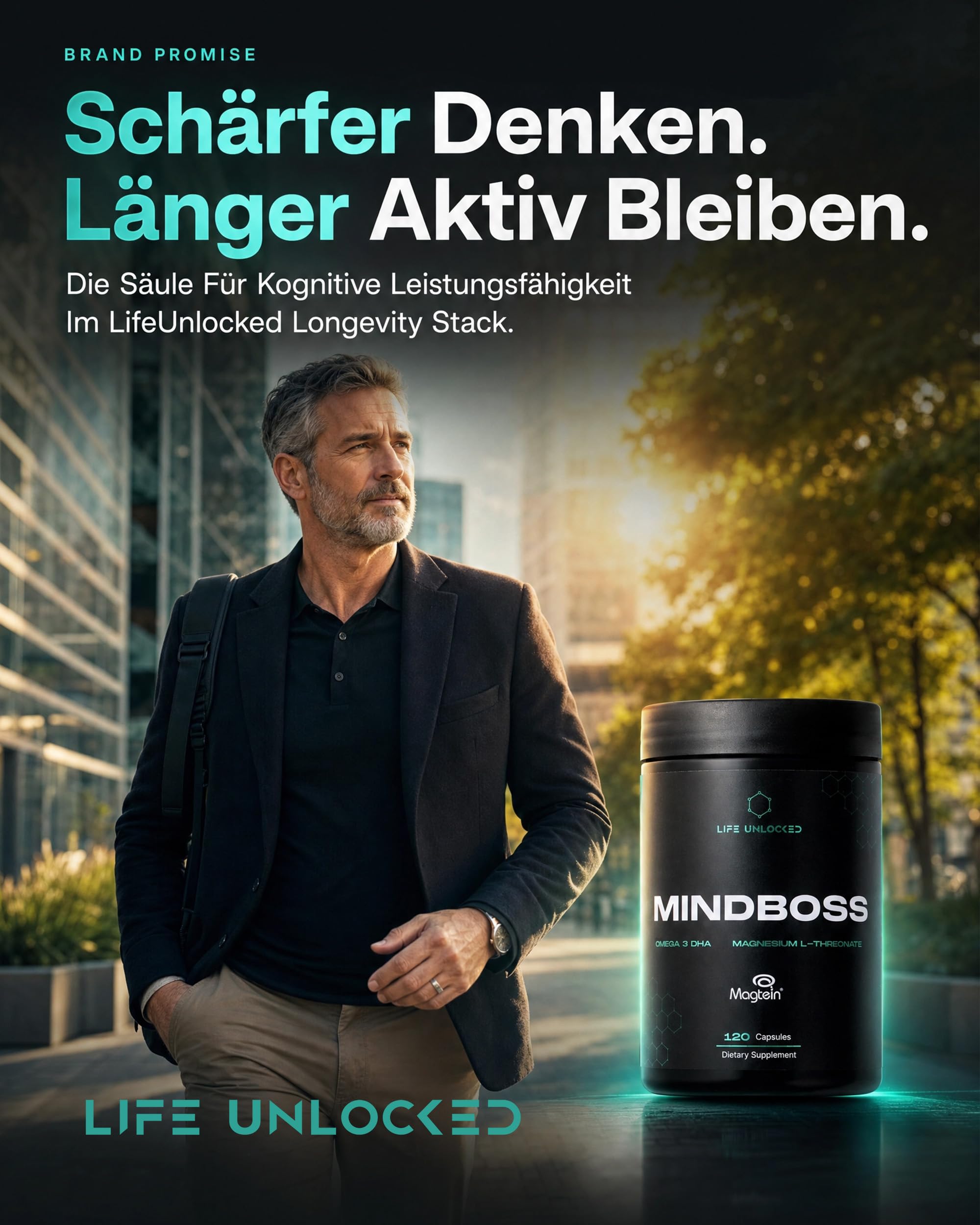 MindBoss Omega-3 DHA Vegan + Magtein Magnesium L-Threonat - Gehirn & Kognition Supplement - Algen-Quelle - ISO 17025 Geprüft - 120 Kapseln