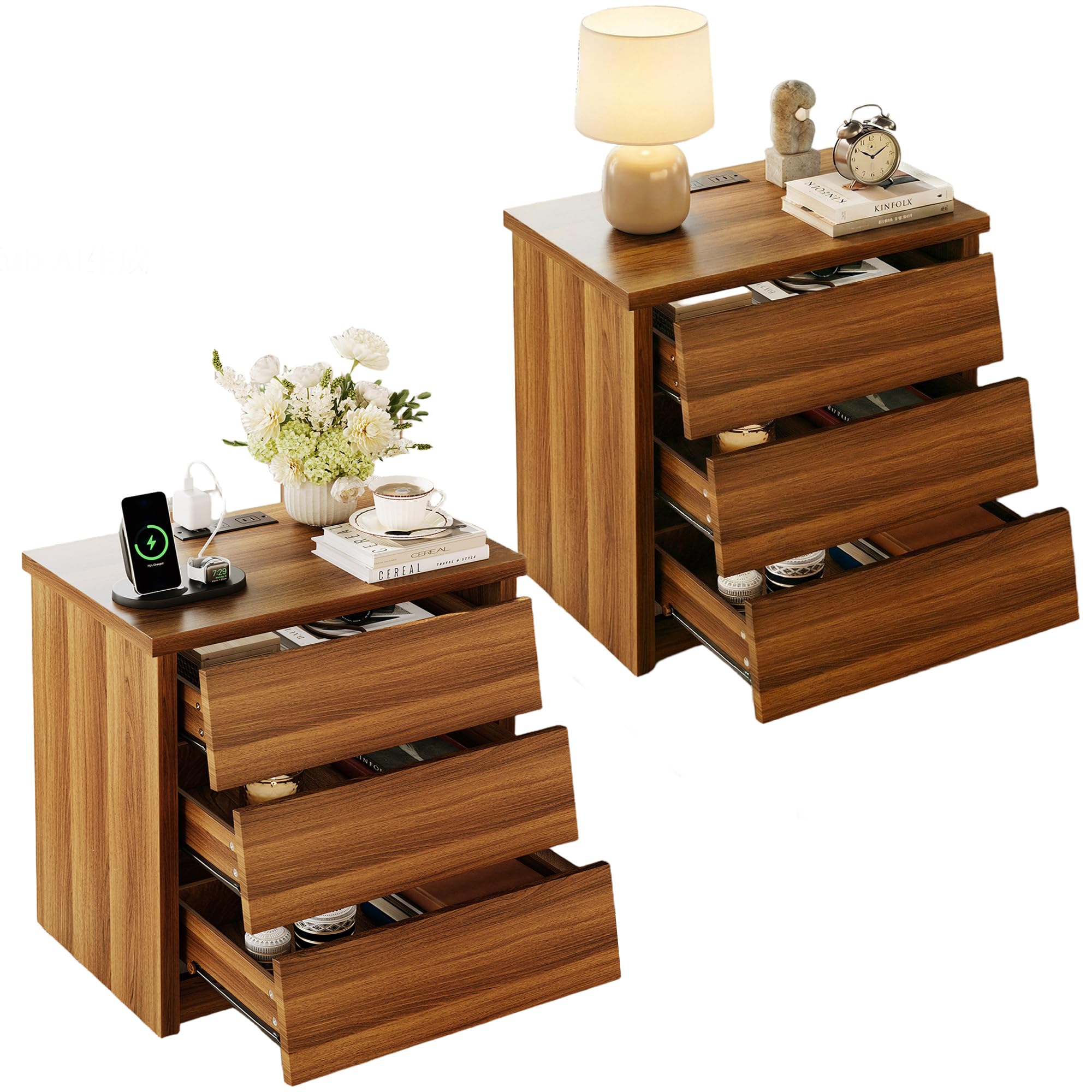 Condition photo showing New/Like New for 23" wide nightstand set of 2 with charger station, modern night stand with 3 drawers, wood end table with usb ports and outlets, storage bedsides table for bedroom, hallway (walnut)