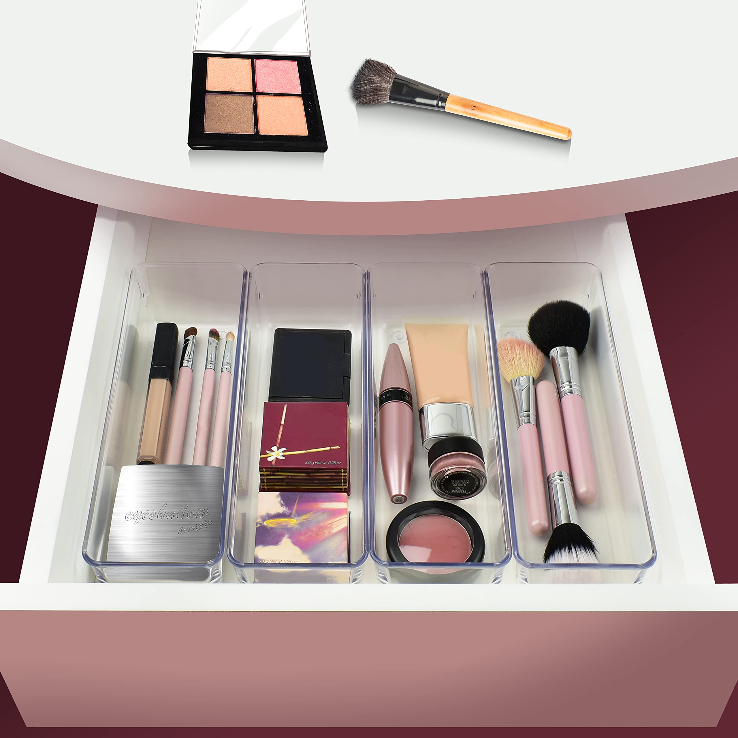 Acrimet Organizador de Cajón Modular, Bandejas de Almacenamiento en Caja para Oficina, Hogar, Maquillaje, Cocina, Cajón de Trastos (4 Piezas) (Plástico Transparente de Cristal)