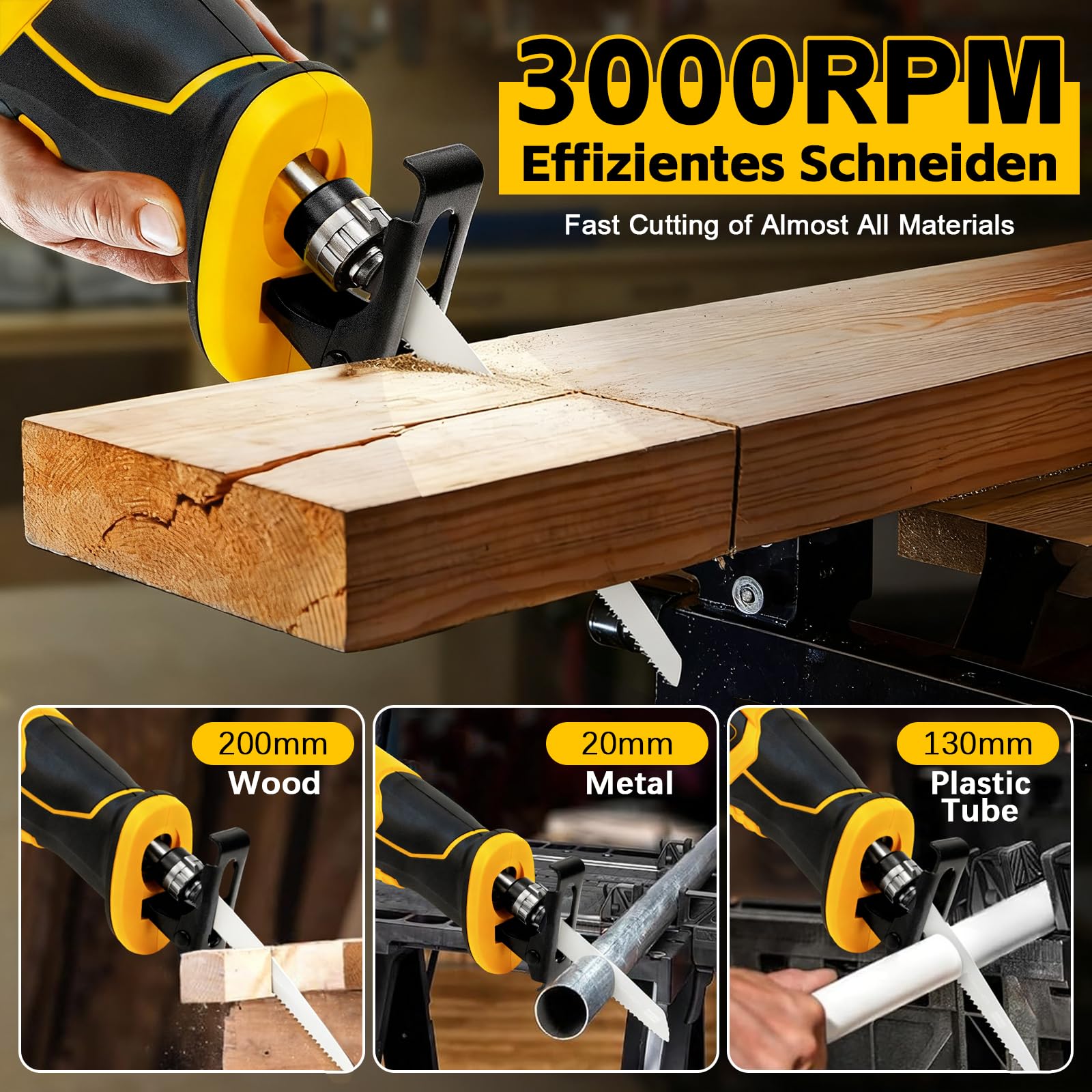 Sierra de sable inalámbrica compatible con batería Dewalt de 20 V | Para trabajos de sierra con madera/acero con 4 hojas de sierra sable, gafas y guantes (sin batería/sin cargador)