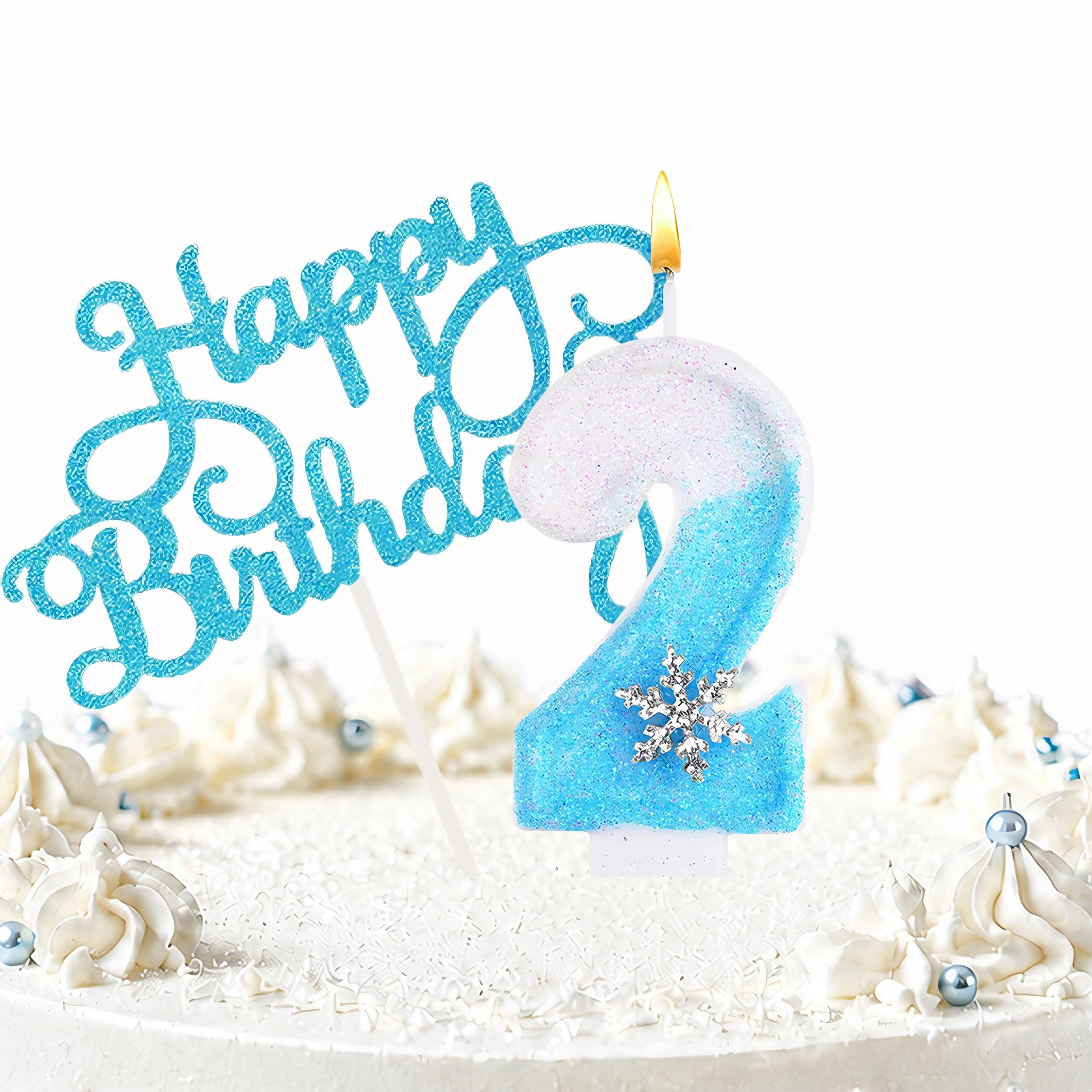 Snowflake Birthday Candles, Blue Glitter Snowflake Number Candle with Themed Birthday Decorations, 2PCS Cake Toppers for Girls Birthday Party (2 Candle,Snowflake)