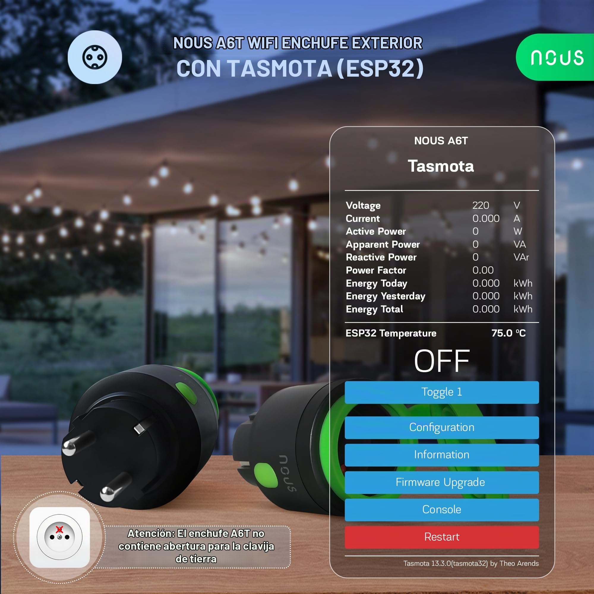 NOUS Tasmota ESP32 IP44 16A - Enchufe inteligente impermeable para exteriores con consumo de energía, contador eléctrico, temporizador, compatible con Alexa, Google Home Assistant, MQTT, WiFi 2.4GHz
