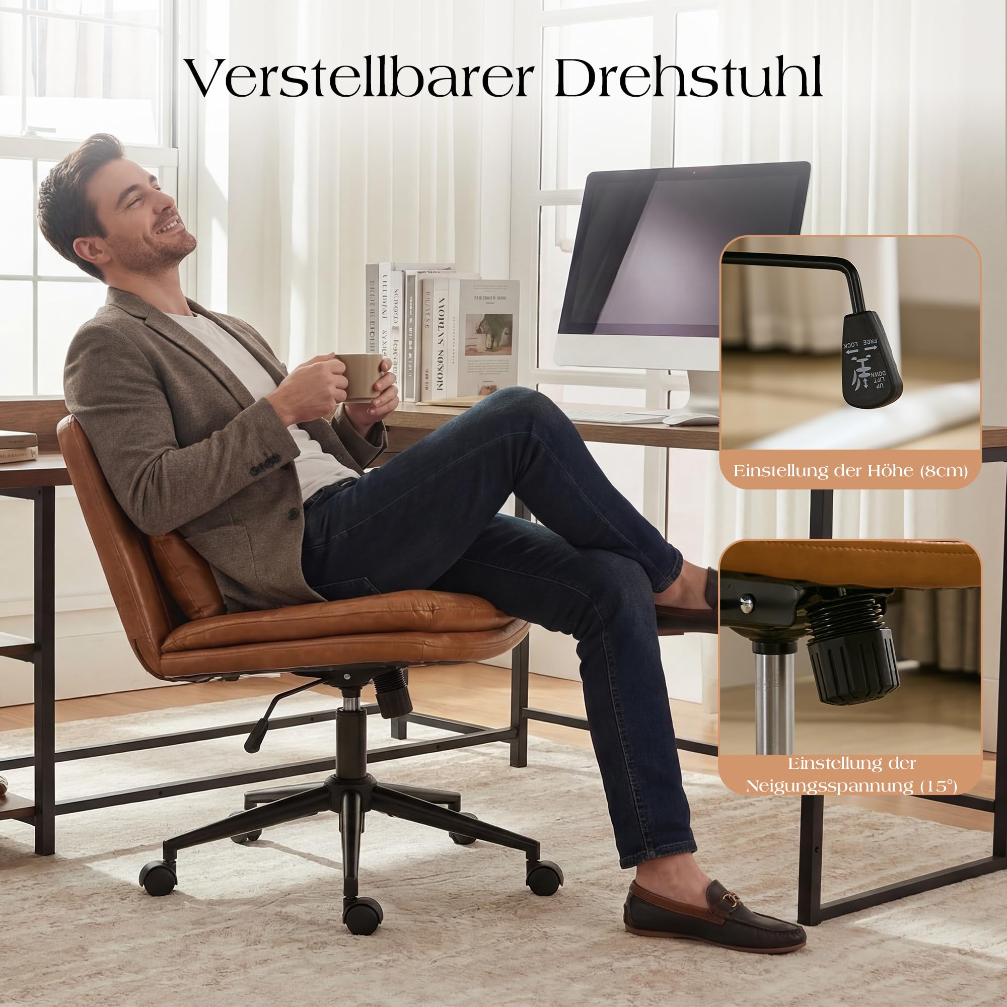 Breiter Bürostuhl, Gepolsterter Armloser Schreibtischstuhl 360° Drehbarer Homeoffice Lesesessel mit Breiterem Polster zum Sitzen im Schneidersitz Stuhl, Höhenverstellbar (Orange)