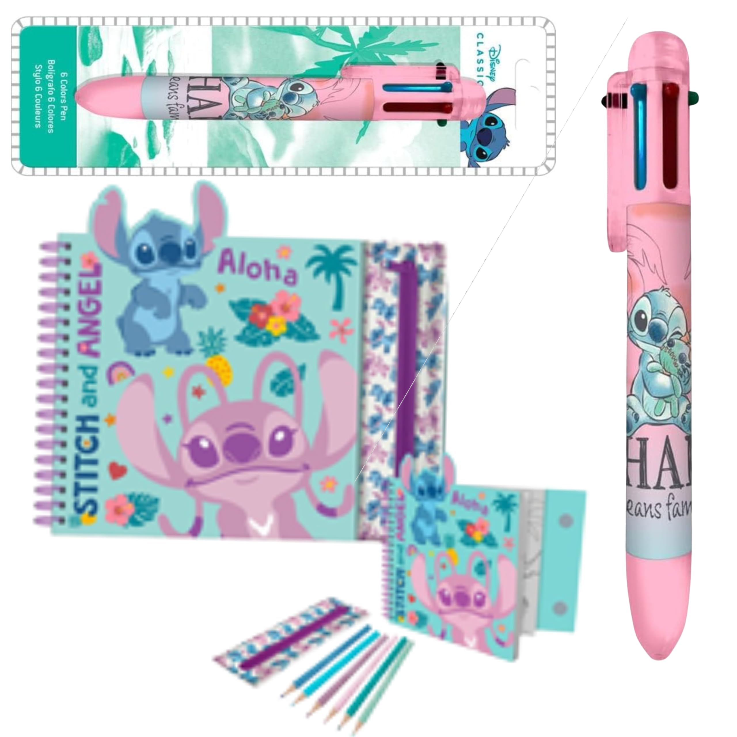 Disney Stitch Colouring Set & 6-in-1 Multicolour Pen Bundle, Spiral Notebook, Removable Pencil Case, 6 Coloured Pencils, Stickers, Kids Art Activity Gift, Age 3+ โ image 1