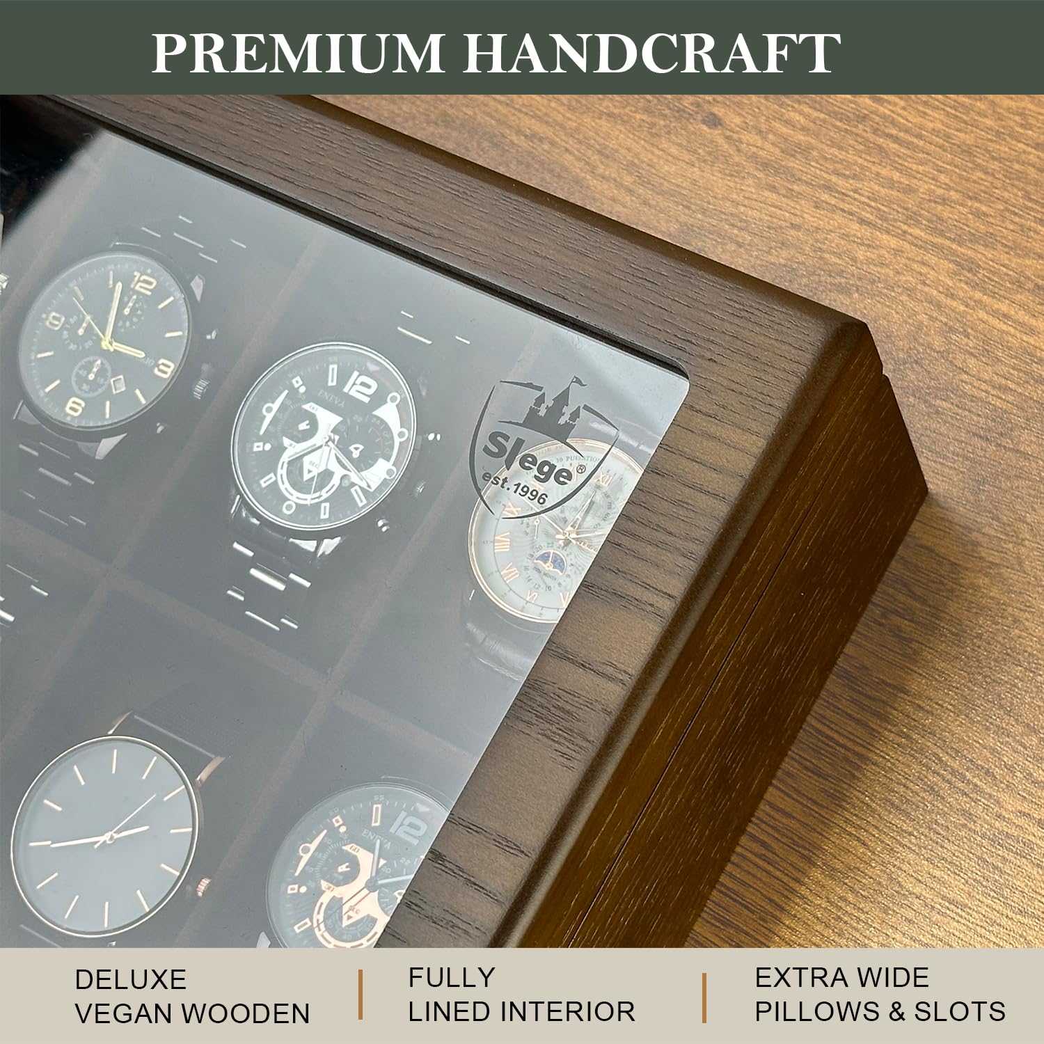 Slege porta orologi in Legno a 12 Posti,Scatola per orologi in Legno,Elegante Porta orologi uomo,Vetrina in Vetro Porta orologi per 12 orologi,Watch box per uomo Regalo (Marrone)
