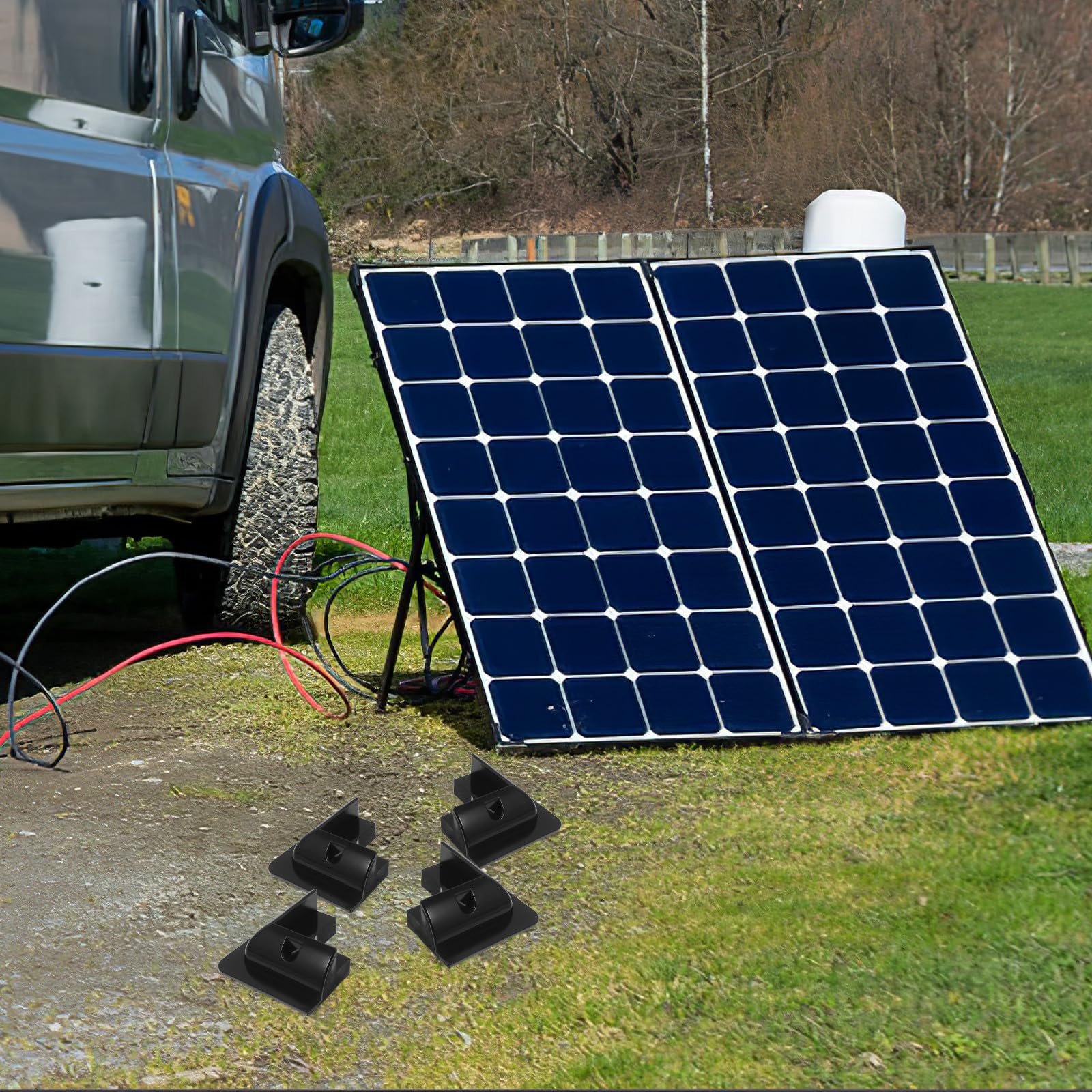 Mikinona Soporte para Panel Solar sin Taladros, Kit de Montaje para Autocaravana y Barco, 4 Piezas Negras, Estructura Elevada para Flujo de Aire, Resistente y Protección de Esquinas