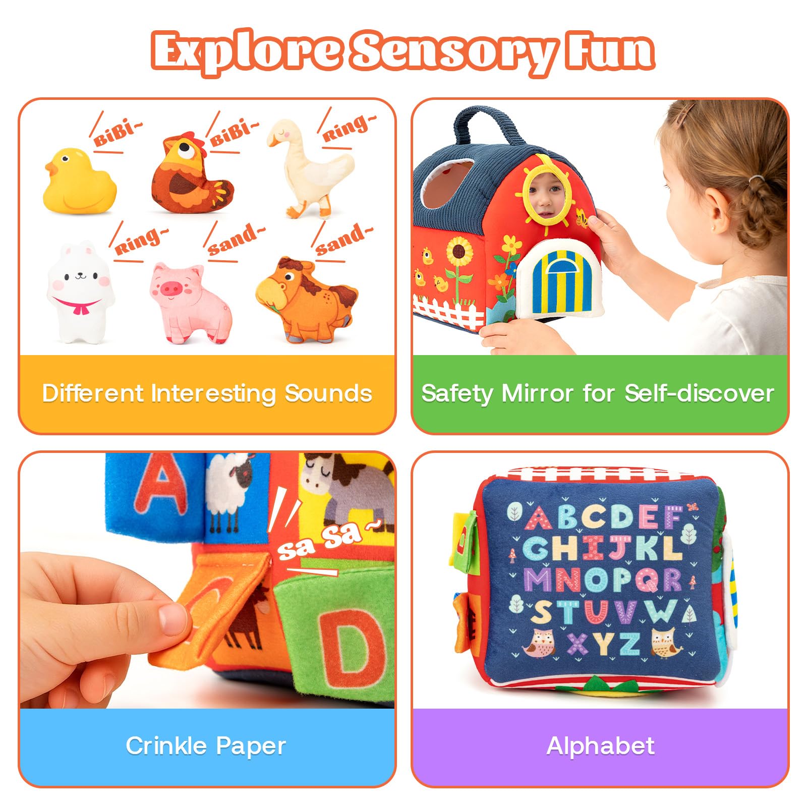 Giochi Montessori Neonato 6-36 Mesi,Fattoria Animali Bambini Giocattoli, con Specchio,6 Peluche Animali,Gioco Educativi Sensoriale,Suoni Regalo Bambina