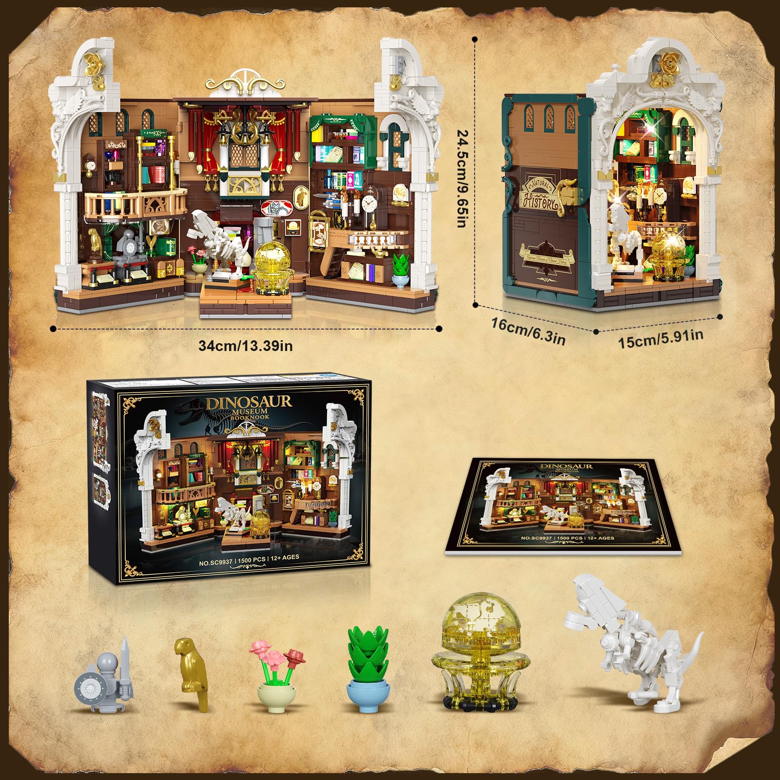 INSOON Dinosauriermuseum Book Nook Bauspielzeugset für Erwachsene mit Licht | DIY Booknook Klemmbausteine Baustein Set Haus Dekor, 1500 Stück Miniatur Haus Bauset Geschenk für Kinder Mädchen Jungen 12+