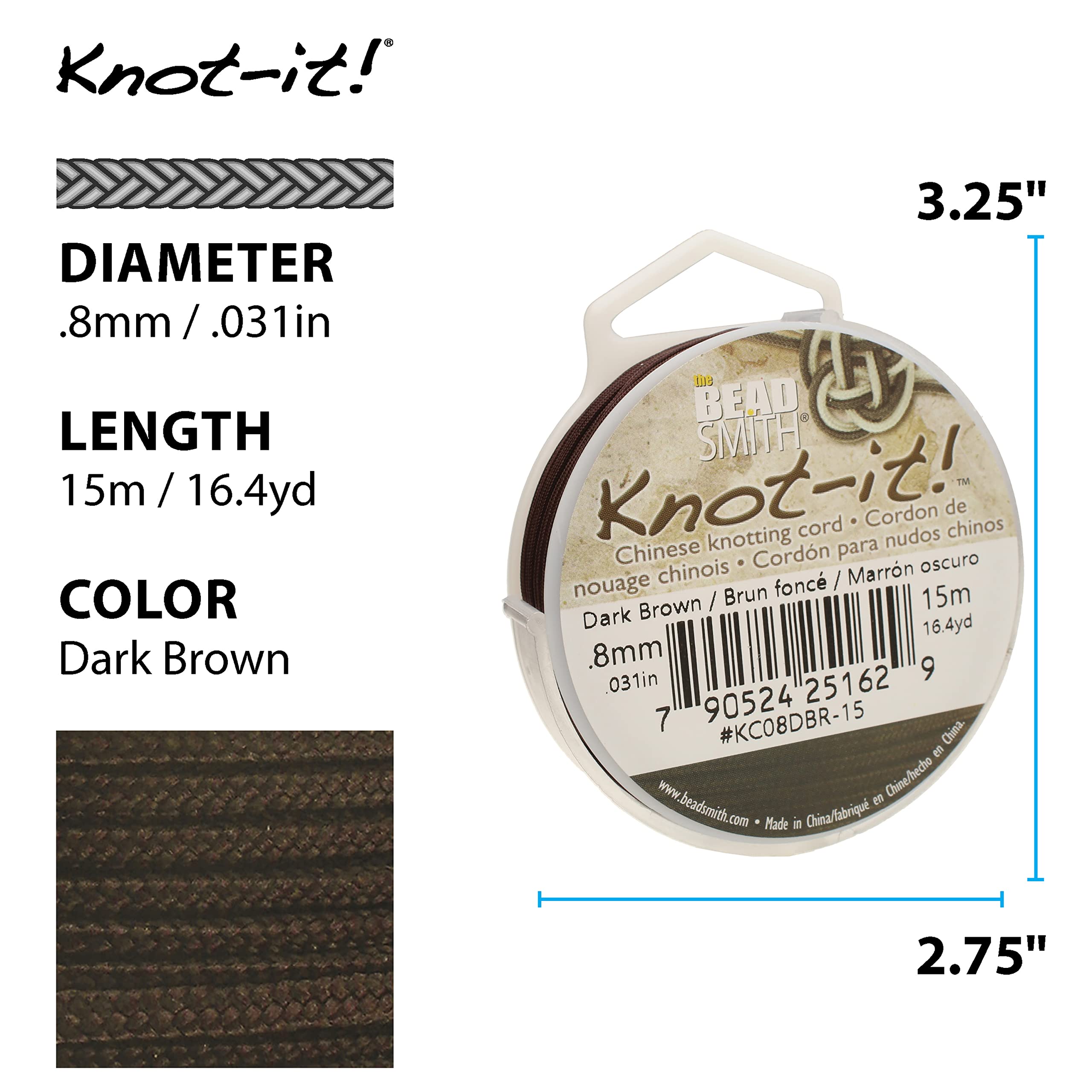 The Beadsmith Knot-it! Cordon - Cordon de nouage chinois en nylon - Couleur marron foncé - Diamètre 0,8 mm - Bobine de 15 mètres