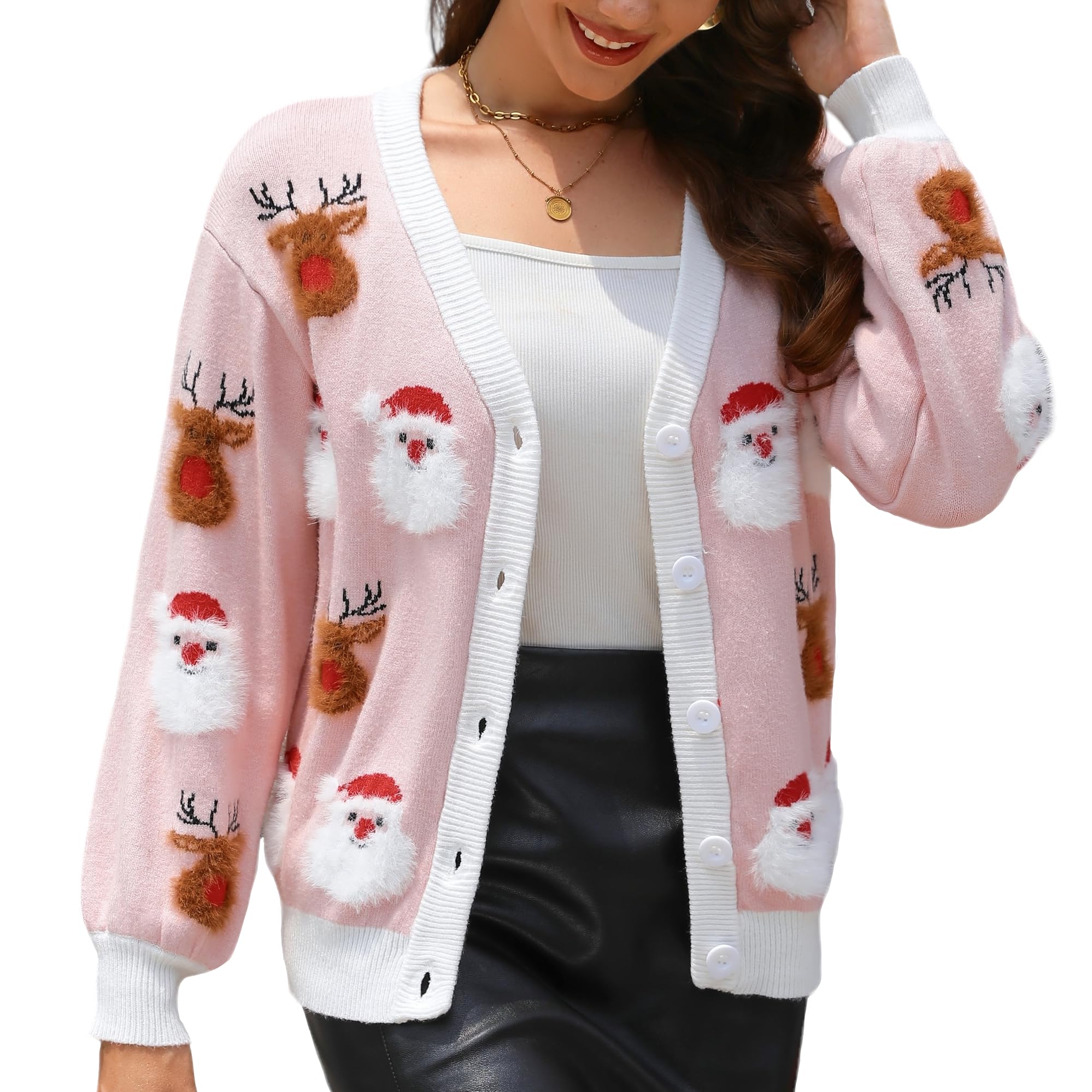 LUBOT Ugly Christmas Sweaters for Women Cute Fuzzy Funny Wintertime Holiday Parties Knitted Casual Cardigan Sweater