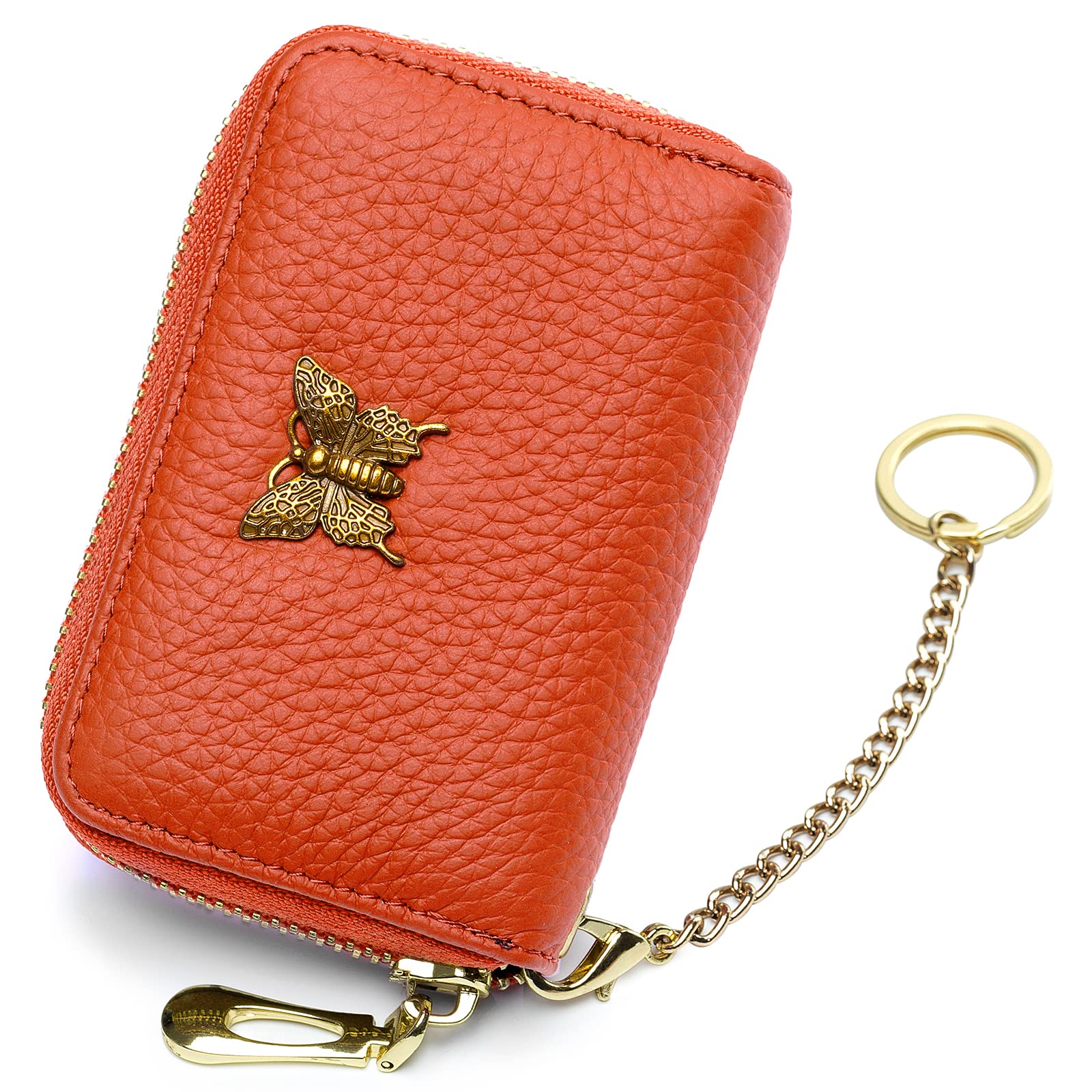 imeetu RFID Credit Card Holder for Women Genuine Leather Card Case Wallet with Zipper and Removable Keychain (Orange)