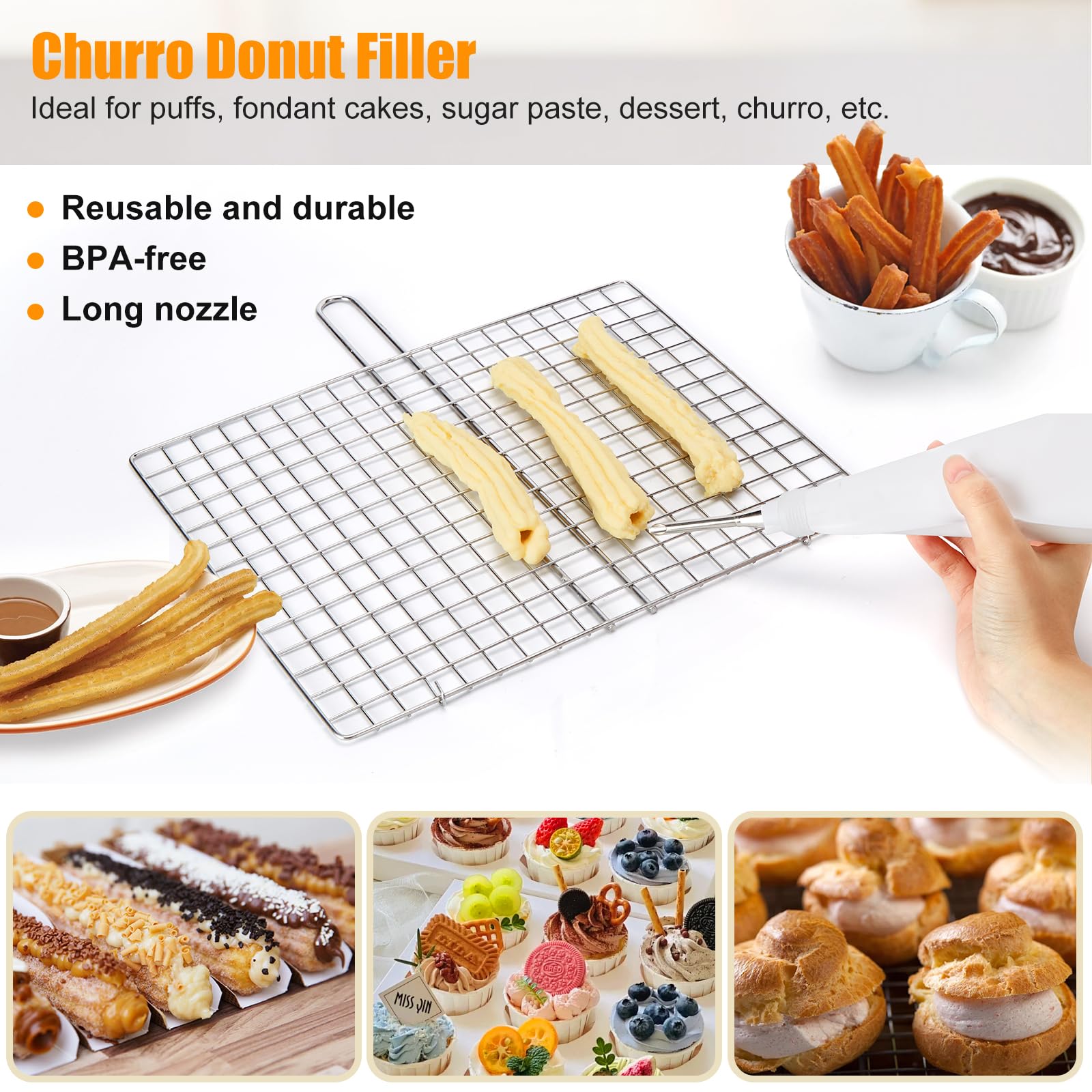Kit para hacer churros, máquina de churro hueca de acero inoxidable, pistola para hacer churros con bolsa de tuberías y 2 cepillos de limpieza, 4 boquillas para varias formas, máquina para hacer