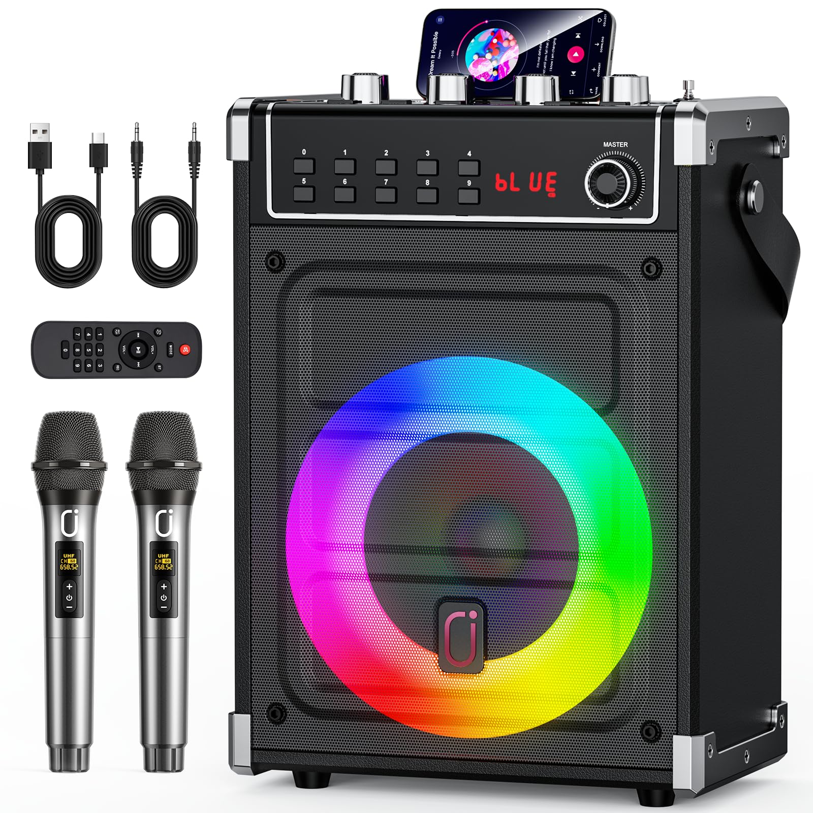 Sponsored Ad โ JYX Karaoke Machine with 2 Wireless Microphones, Bluetooth Speaker with Bass/Treble/Echo Adjustment & LED Light, Support USB, SD Card, AUX, TWS, FM, REC, Supply for Party/Adults (Black)