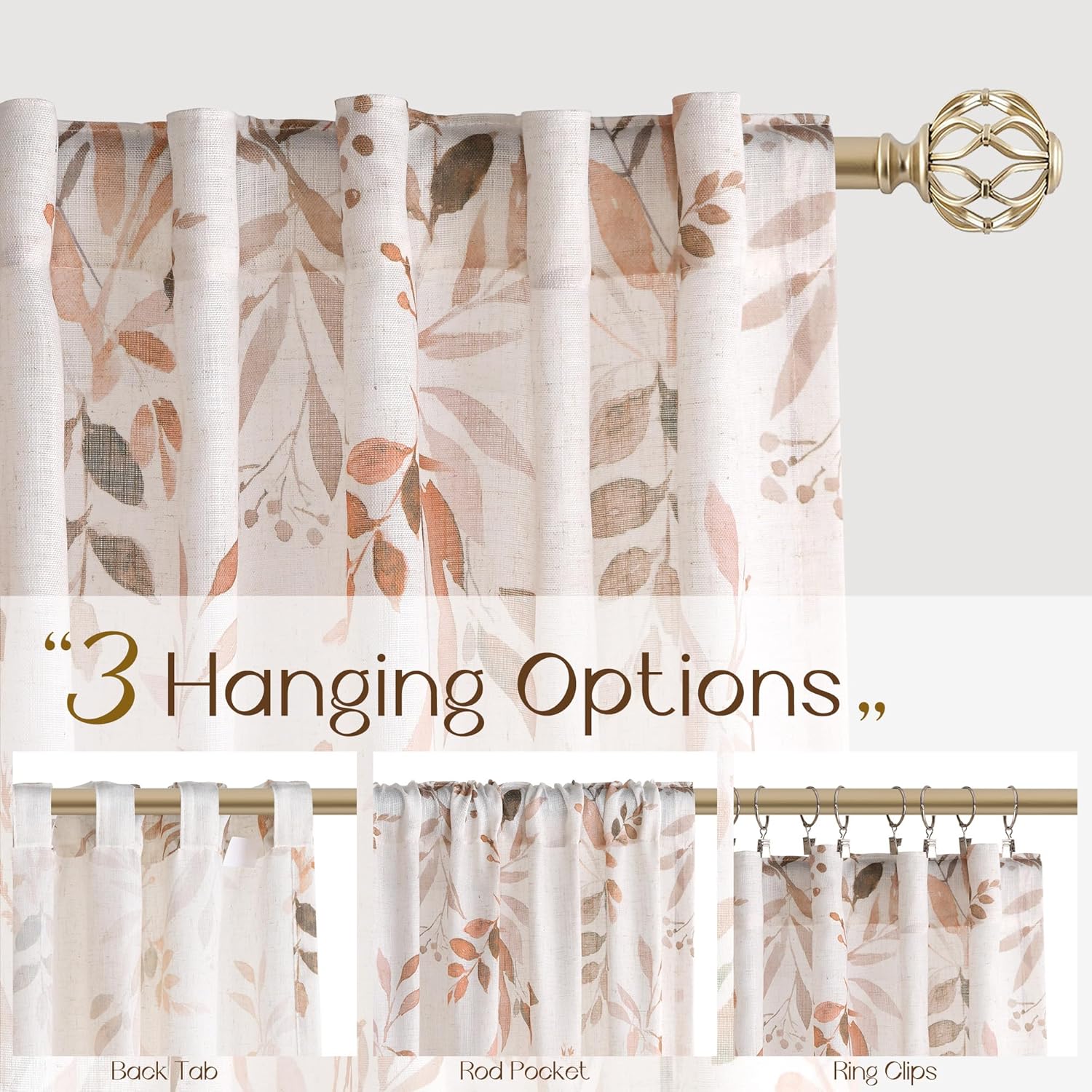 Linen Floral Curtains 120 inches Long Farmhouse Living Room Fall Curtains Gold Yellow Leaf Print on Cream Color Curtains Back Tab Light Filtering Flax Vintage Country Rustic Window Curtain Decor