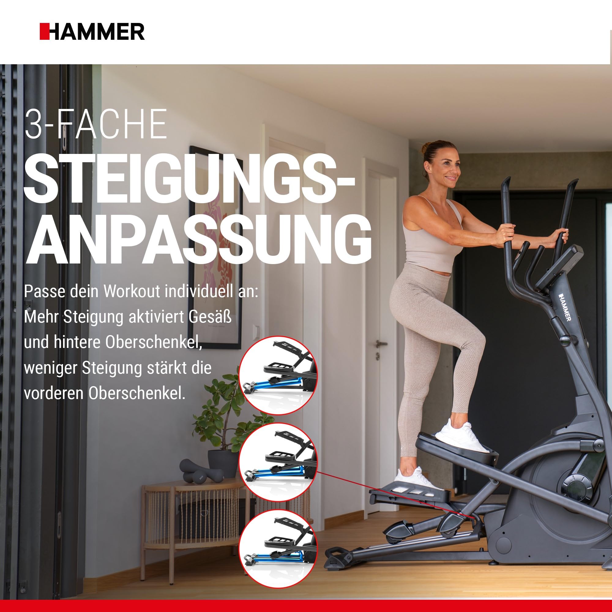 Hammer Crosstrainer Ellipsentrainer SpeedMotion II, 3-fache Steigung, 24 Programme, 18 kg Schwungmasse, Kinomap & Zwift