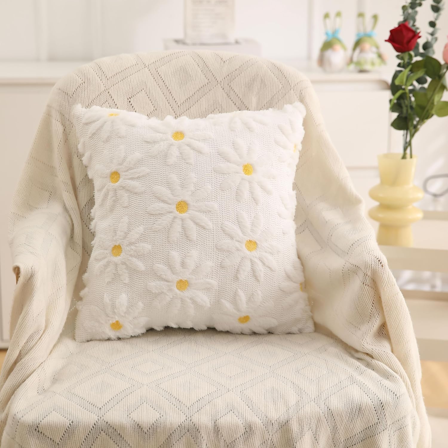 Spring Summer Pillow Covers 18x18 inch Set of 2 White Daisy Flower Outdoor Farmhouse Soft Plush Throw Pillows for Sofa Holiday Spring Summer Home Decor - Image 2