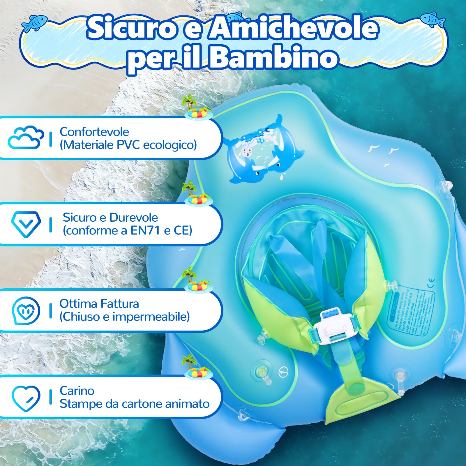 Salvagente Neonato con Parasole, Ciambella Neonato Mare, Anello Galleggiante per Bambini SPF 50+ Sedile di Sicurezza Regolabile, per Bambini da 6 a 36 mesi