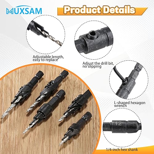 Miniatura 3 de MUXSAM Juego de brocas de 14 de pulgada, 5 brocas avellanadoras ajustables para metal, carpintería, aluminio, broca de acero de alta velocidad de