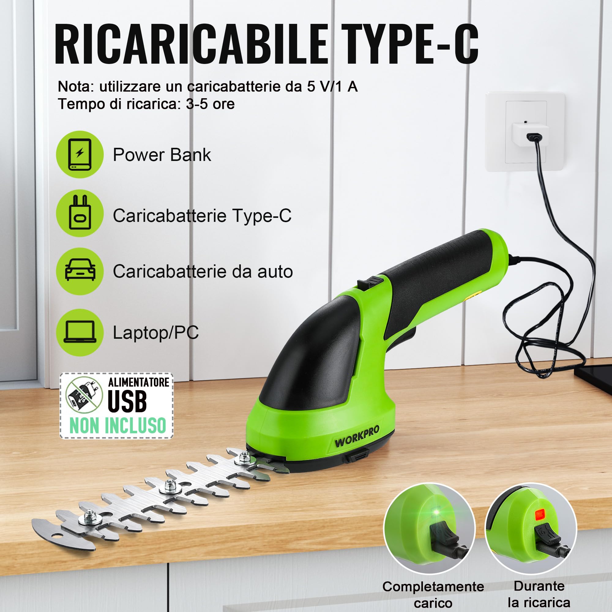 WORKPRO Forbici a Batteria 2 in 1, Cesoia Elettrica a Batteria al Litio 7,2V 2Ah, Larghezza di Taglio 100mm, Lunghezza di Taglio 150mm, Adatto al Giardino (Verde)