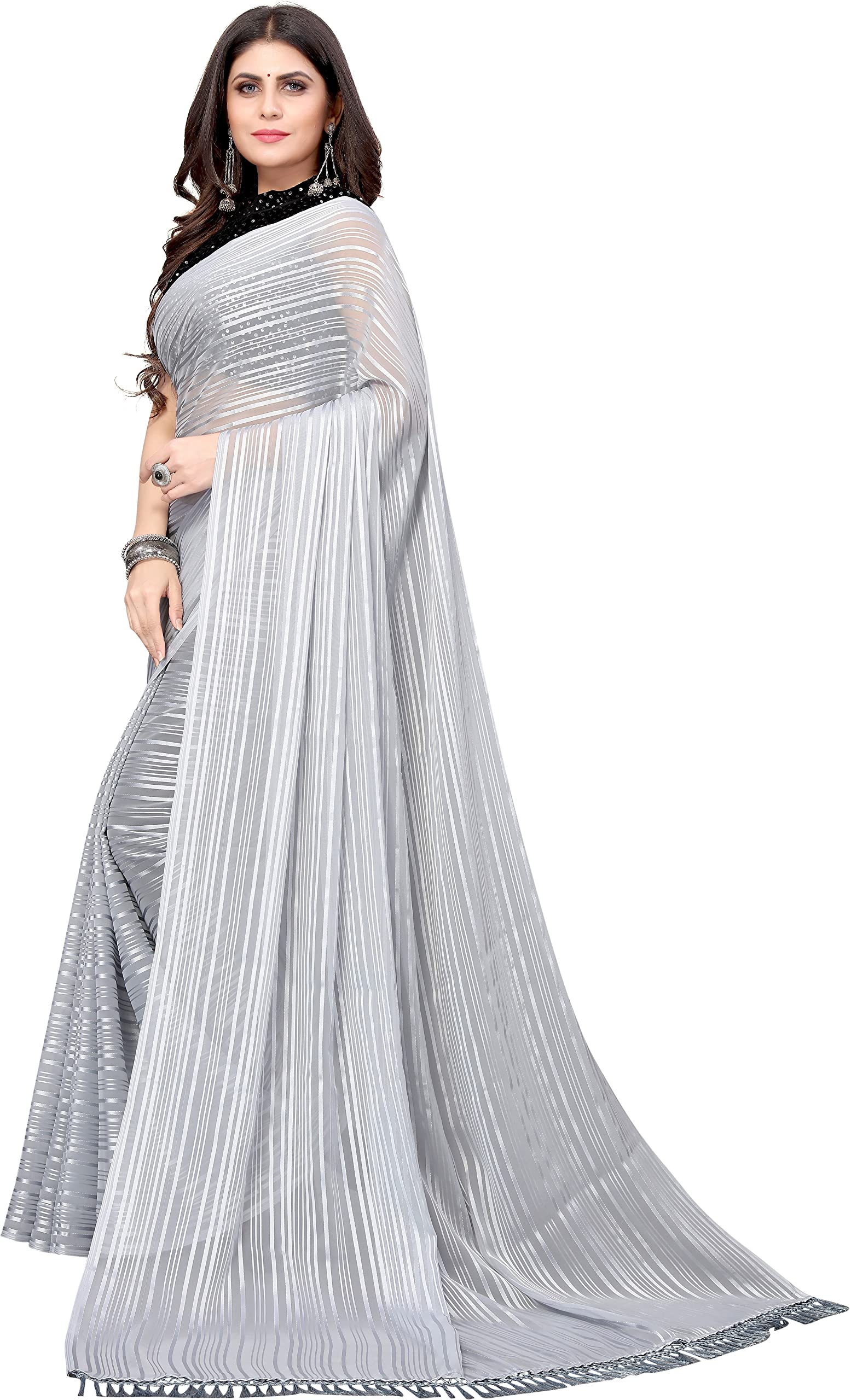 Yashika Damen Georgette Saree mit Jari und Samtbluse mit Sequenz