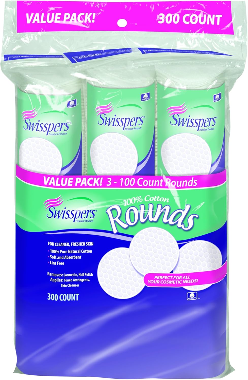 Swisspers 100 Cotton Rounds, Soft and Absorbent, 100
