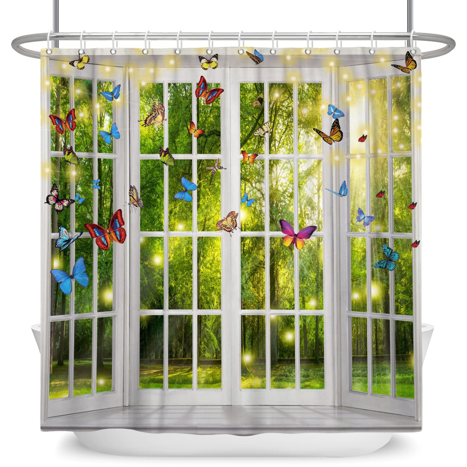 SDOTPMT 180x180cm Spring Window View Shower Curtain Fantasy Magic Green Forest White Bath Curtain Colorful Psychedelic Butterfly Faint Sunshine Fairy Bathtub Fabric Waterproof Curtain with Hooks - Image 4