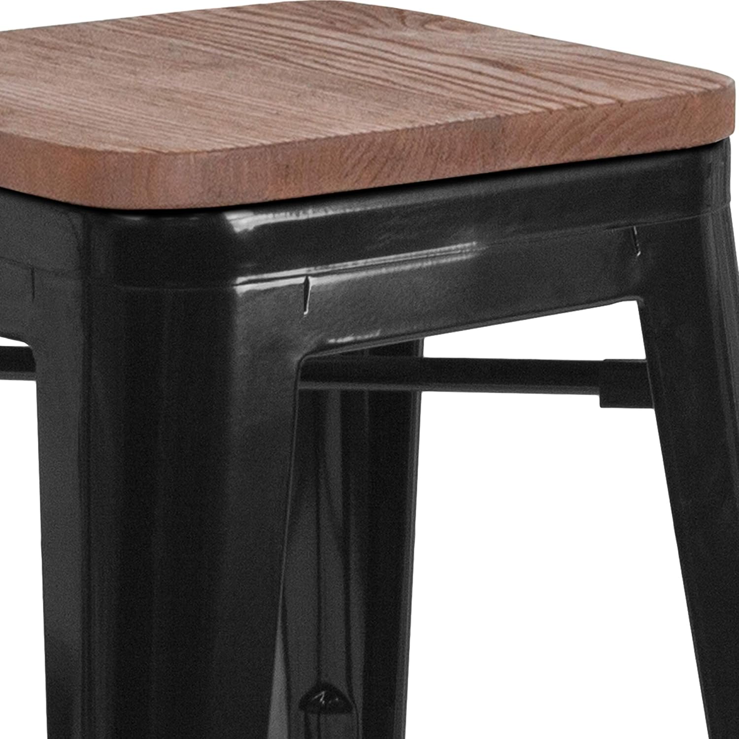 EMMA + OLIVER 24" H Backless Black Metal Counter Height Stool with Wood Seat