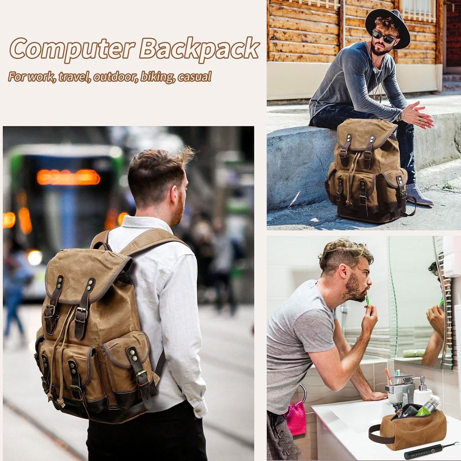 Vintage Leather Canvas Backpack, Waxed Canvas Shoulder Rucksack for Travel Laptop Bag for Business Travel Backpack With Toiletry Bag(Khaki)