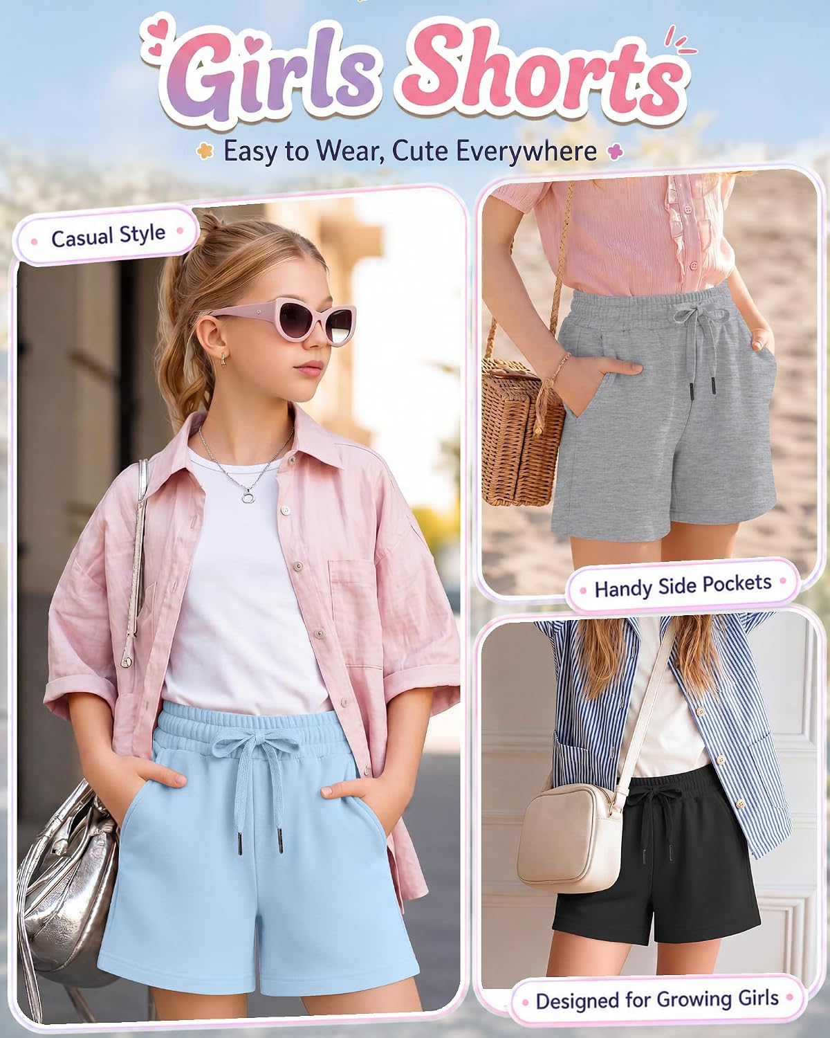 3 Pack Girl's Sweat Shorts Casual Athletic Shorts with Pockets Drawstring Elastic Waist Loose Kids 5-14 Years